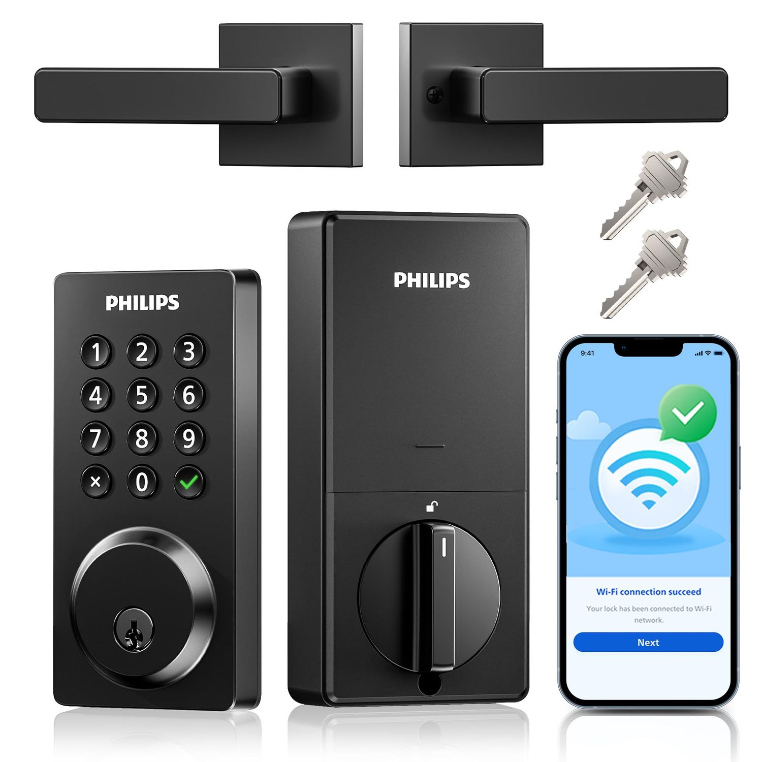Philips WiFi Smart Door Lock with Handle, Built-in App Remote Control, Keyless Entry Locks for Front Door, Deadbolt Auto