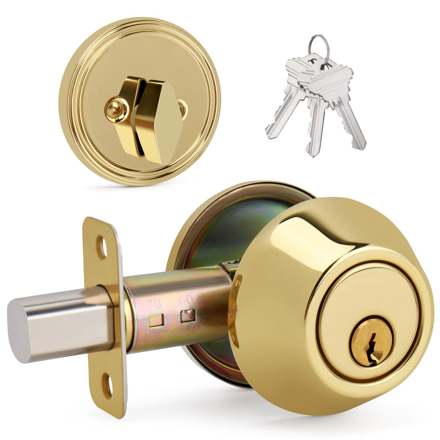 Round Design Single Cylinder Deadbolt with Keys, Exterior Keyed Dead Bolt Lock for Front Entrance Door Security, Polished Brass