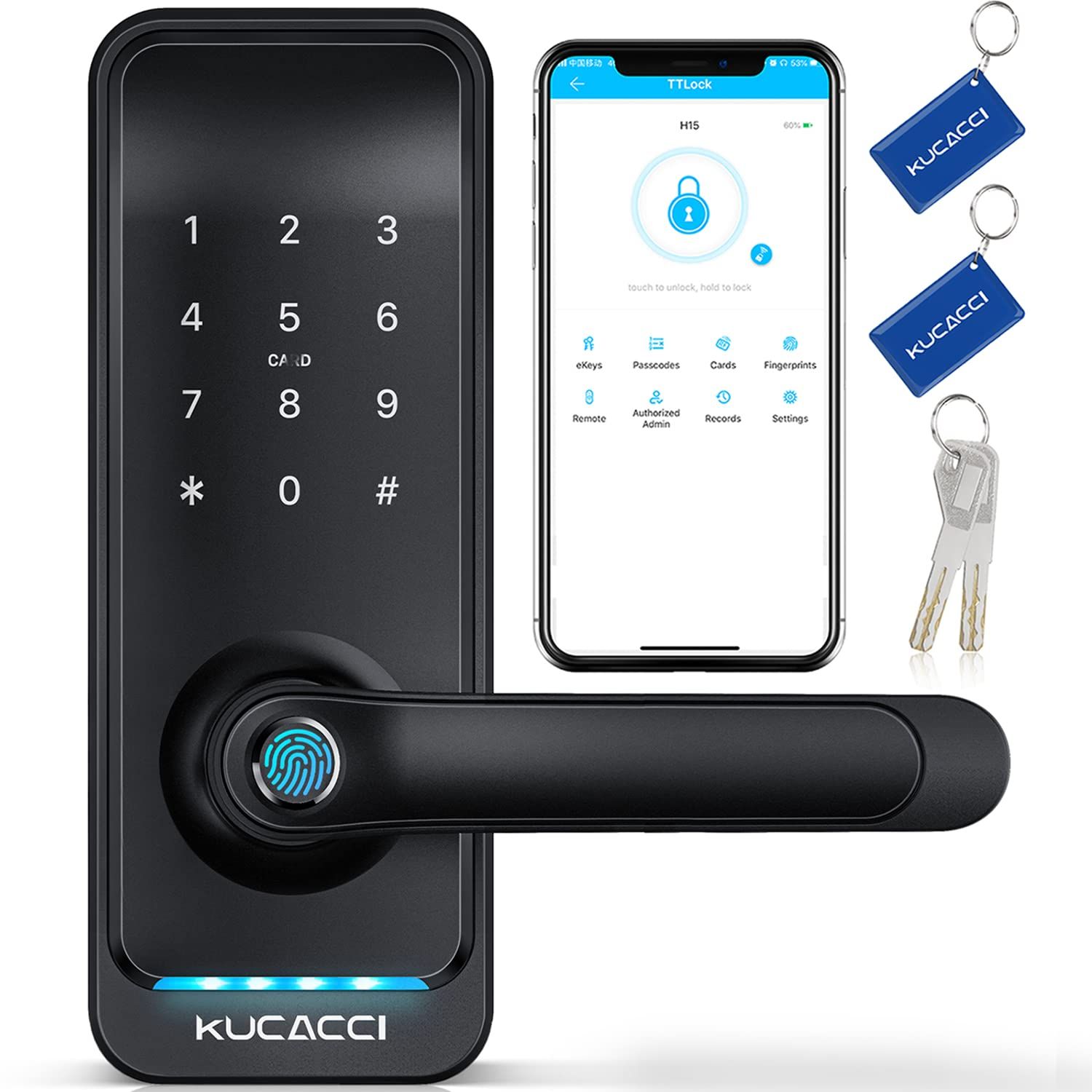Smart Door Lock with Handle: Kucacci Keyless Entry Digital for Front - Fingerprint Keypad Dnob Generate Passcode Remotely