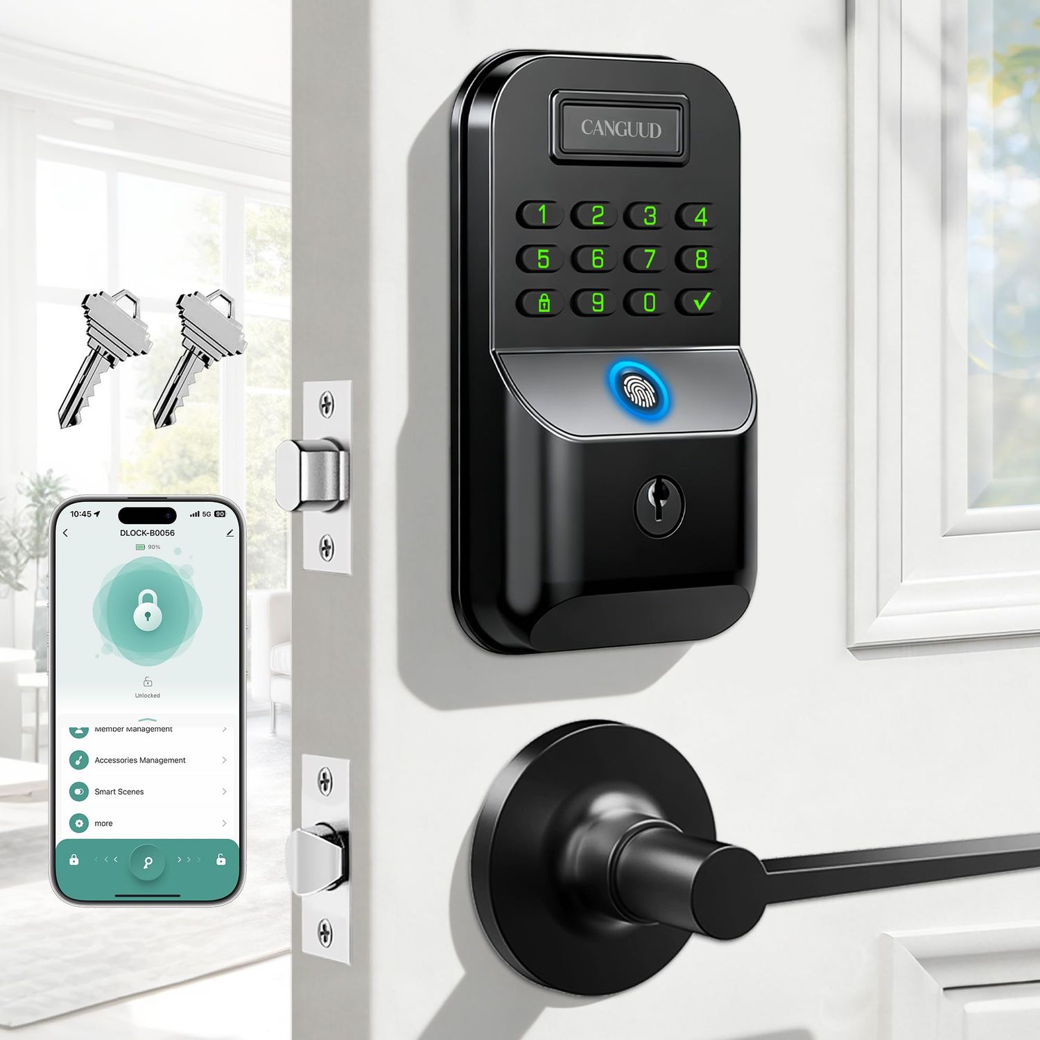 Smart Keyless Entry Door Lock - Biometric with 2 Lever Handles, Physical-Button Keypad Deadbolt with Fingerprint, Digital Locks for