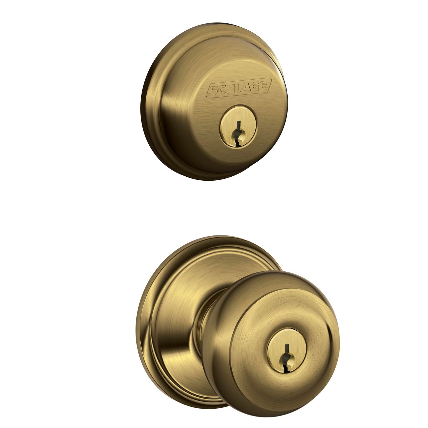 Schlage FB50 V GEO Single Cylinder Deadbolt and Keyed Entry Georgian Knob, Antique Brass