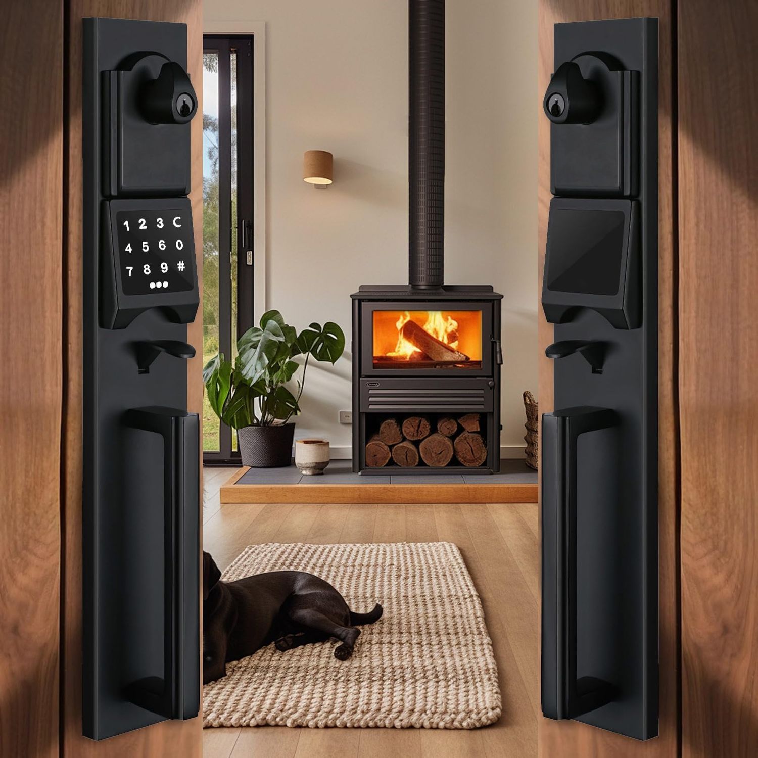 NEWBANG Left-Handed Matte Black Electronic Smart Handleset with Keypad Lock for Double Front Door（Keys Reserved）, MDHSTDB-E-SET-LH