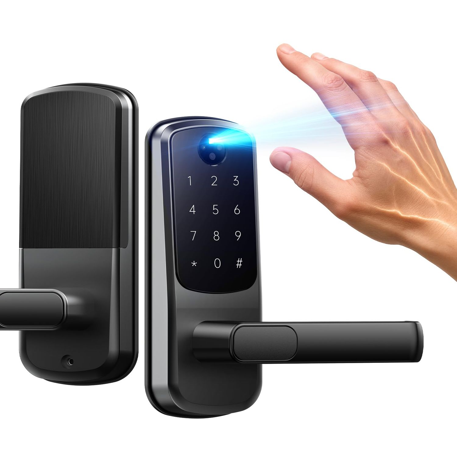 Smart Door Lock with Palm Vein Recognition, Camcamp Keyless Entry with Handle for Front Door, Auto Lock, Backlit Keypad