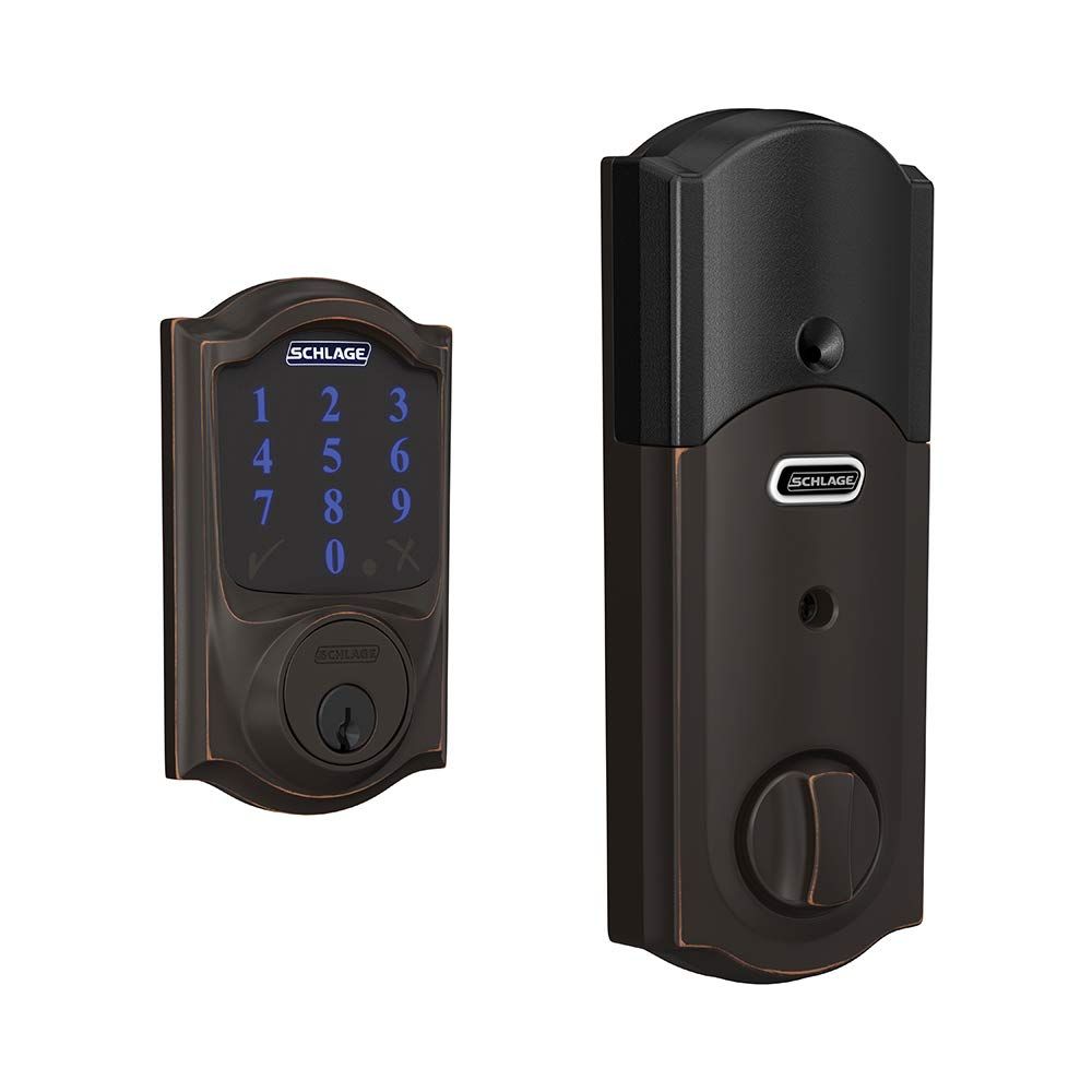 SCHLAGE BEZP CAM Connect Smart Deadbolt With Alarm Inbuilt Camelot Trim In Aged Bronze.