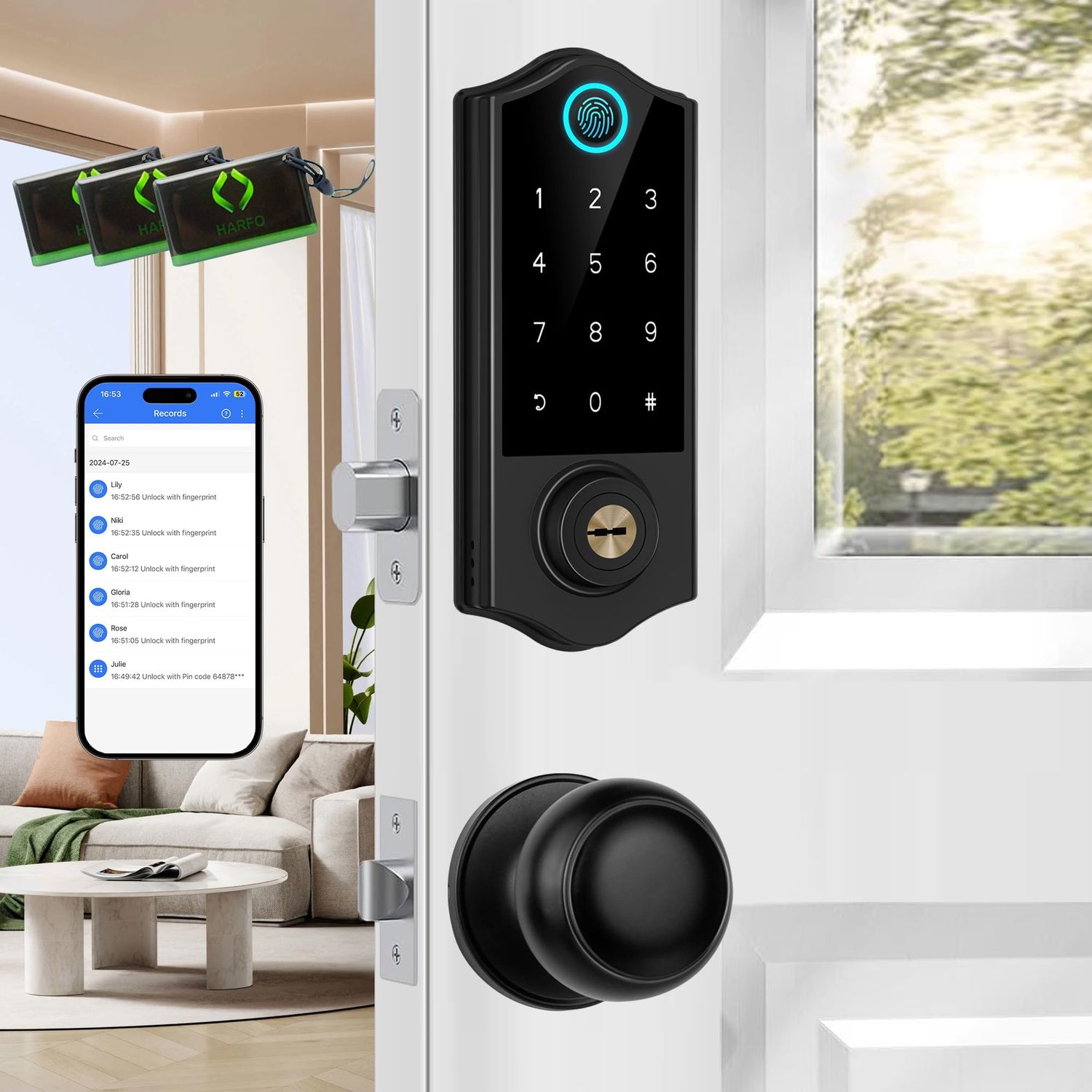 Harfo Fingerprint Smart Door Locks for Front with Handle Set, App Control, Keyless Entry Lock Keypad Deadbolt, Bluetooth Digital Electron