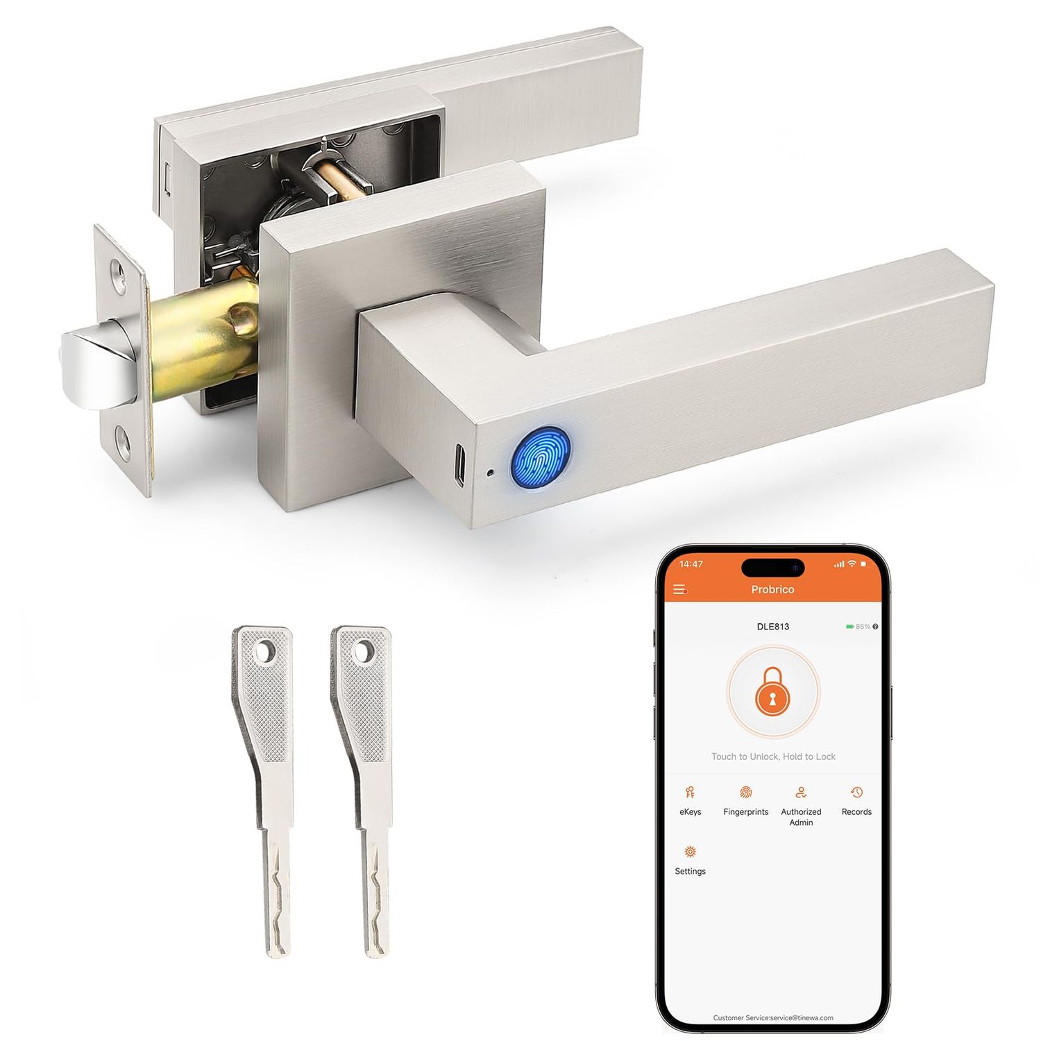 Probrico Smart Lock Keyless Entry Door with Handle, Satin Nickel Locks for Front Fingerprint Handle for Bedroom Bathroom, Elec