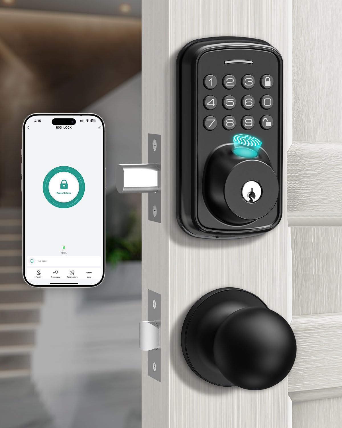 Keyless Entry Door Lock with Handle Set, Smart with Fingerprint, 5 in 1 Unlock, Auto Biometric Fingerprint for Front