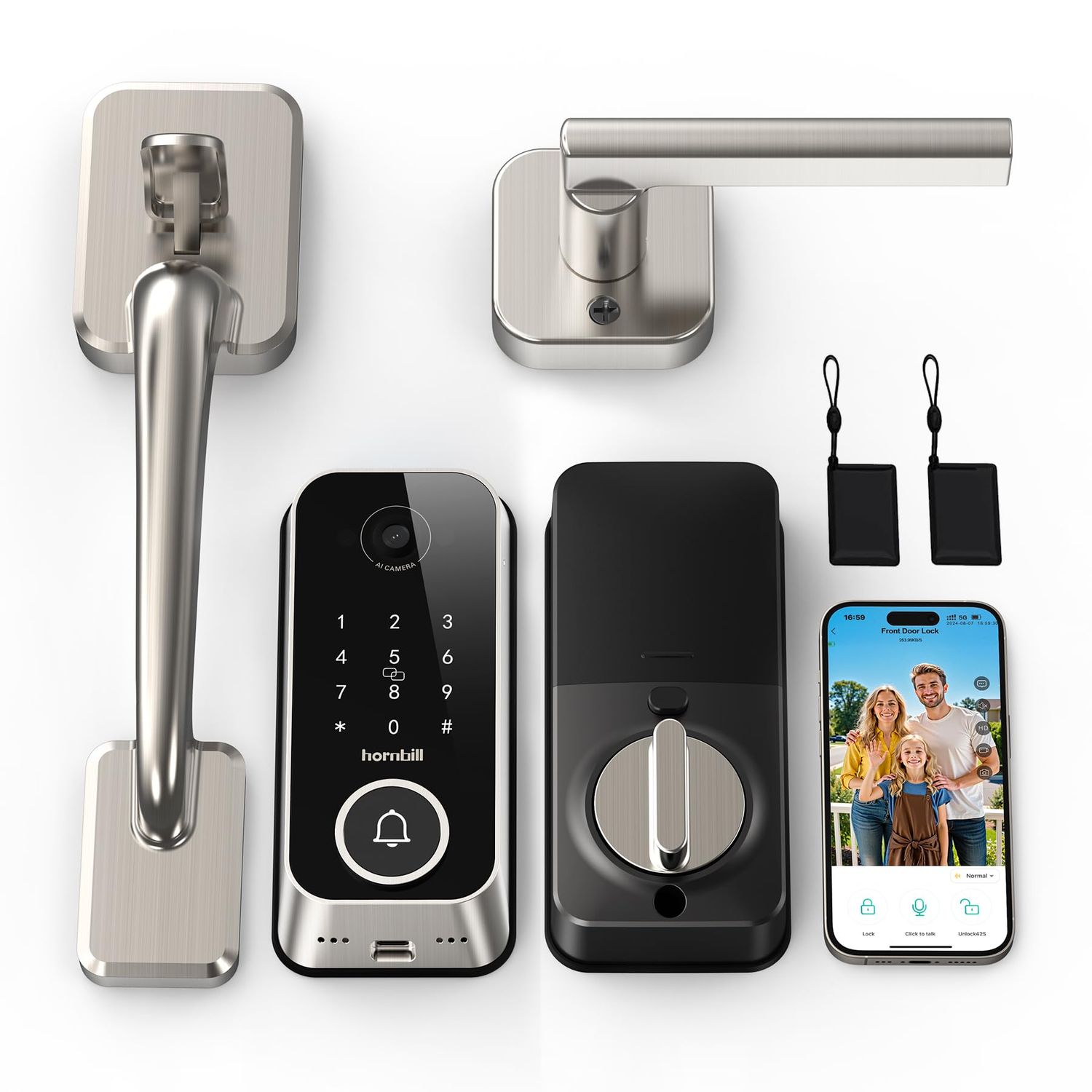 Smart Front Door Lock Sets: 2K HD Camera with Doorbell Kits, Hornbill Fingerprint Keyless Entry with Handles, WiFi Deadbolt(only 2.4