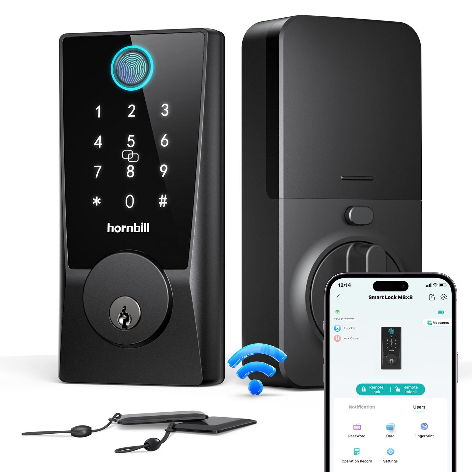 Hornbill WiFi Smart Locks for Front Door: Keyless Entry Keypad Deadbolt Lock, Compatible with Alexa, Remote Control, Fingerprint Password Unlock