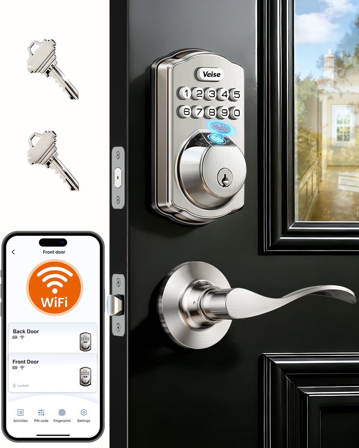 Veise VEW-B Wi-Fi Fingerprint Smart Lock with Handle Set, Remote App Control, Keyless Entry Front Door Lever, Built-in WiFi No Hub Needed