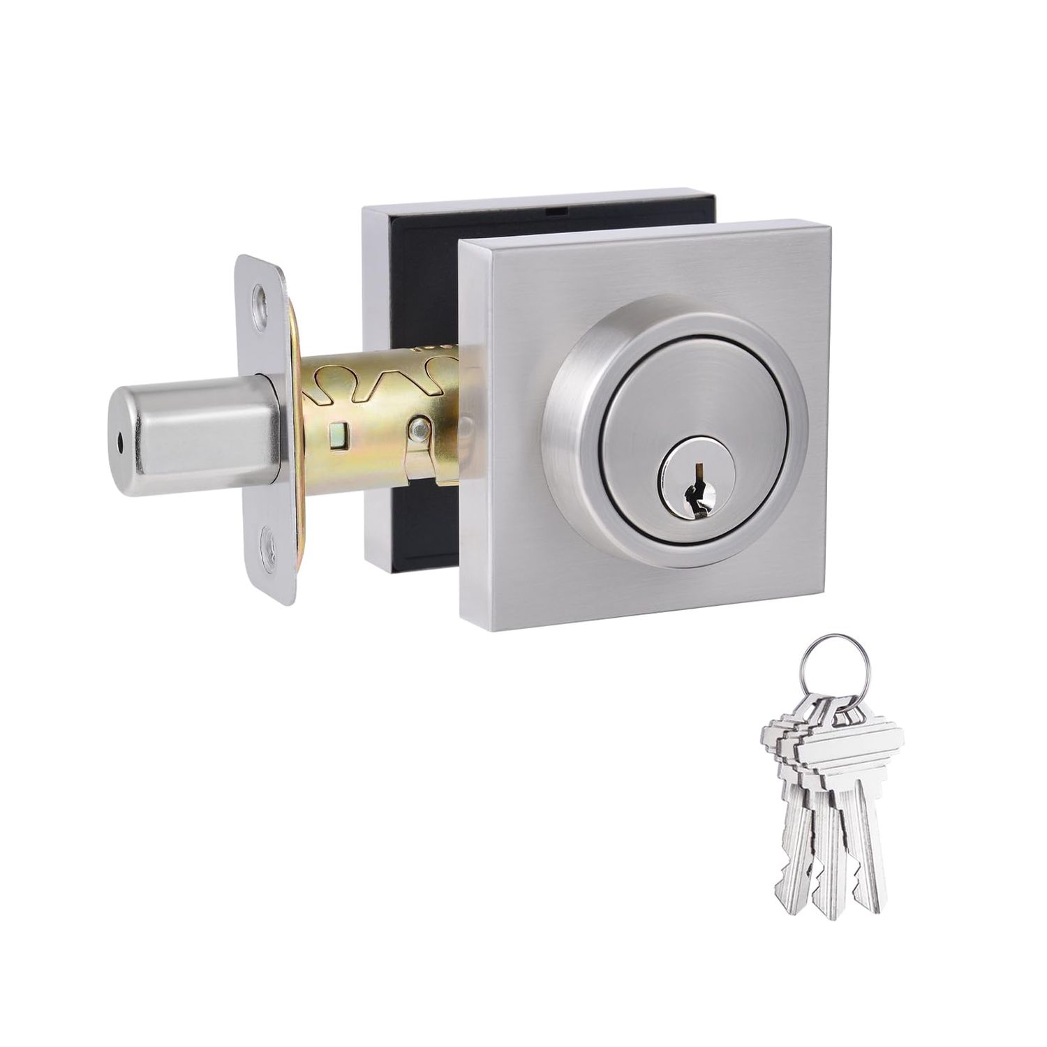 1 Side Keyed Deadbolt Lock, Square Single Cylinder Dead Bolt, Satin Nickel Exterior