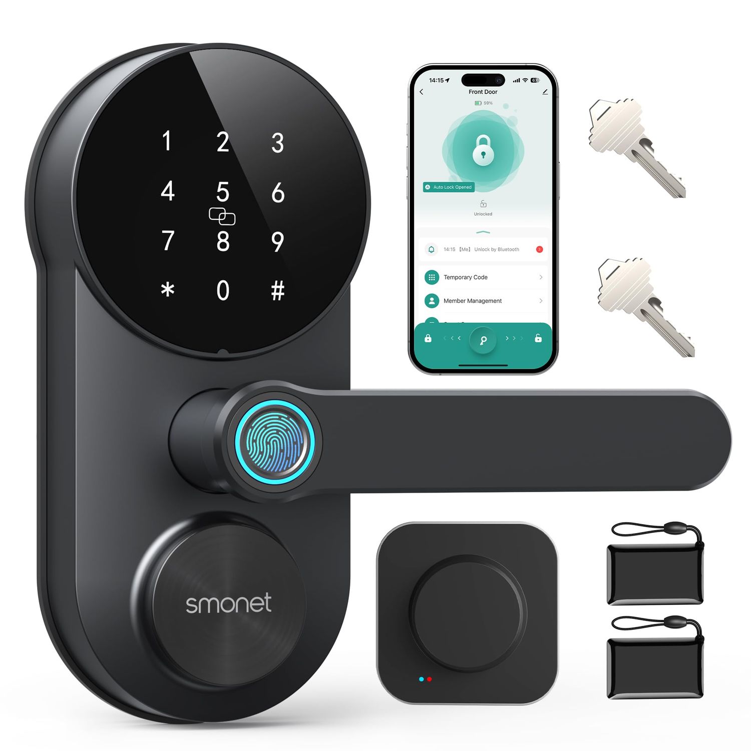SMONET Smart Lock WiFi Door with Handle: Keyless Entry Fingerprint Deadbolt Lever for Front Anti-peep Keypad Works with Alexa, APP Remote