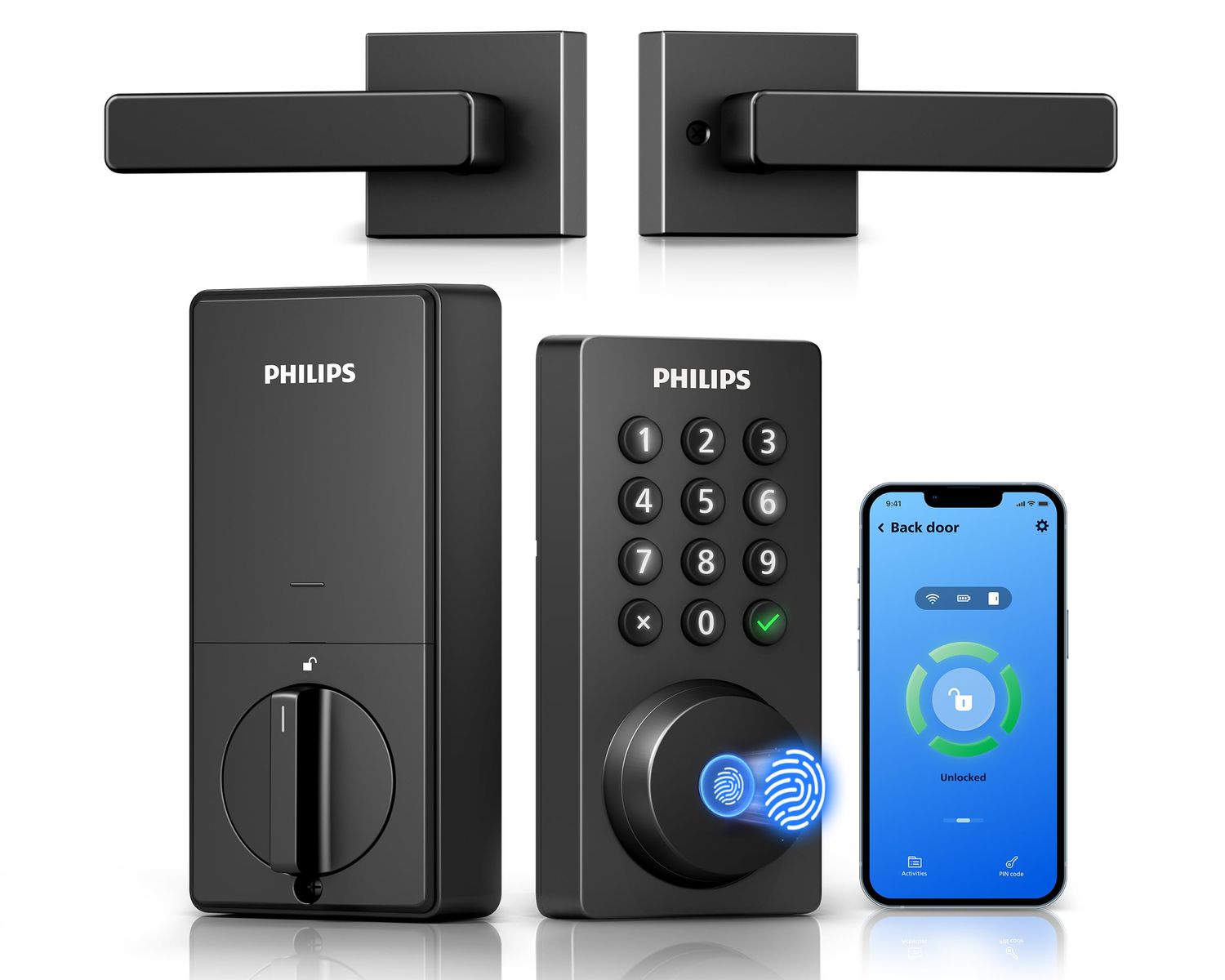 Philips WiFi Keypad Door Lock with Handle, Built-in WiFi, APP Remote Control, Voice &amp; Fingerprint Unlock