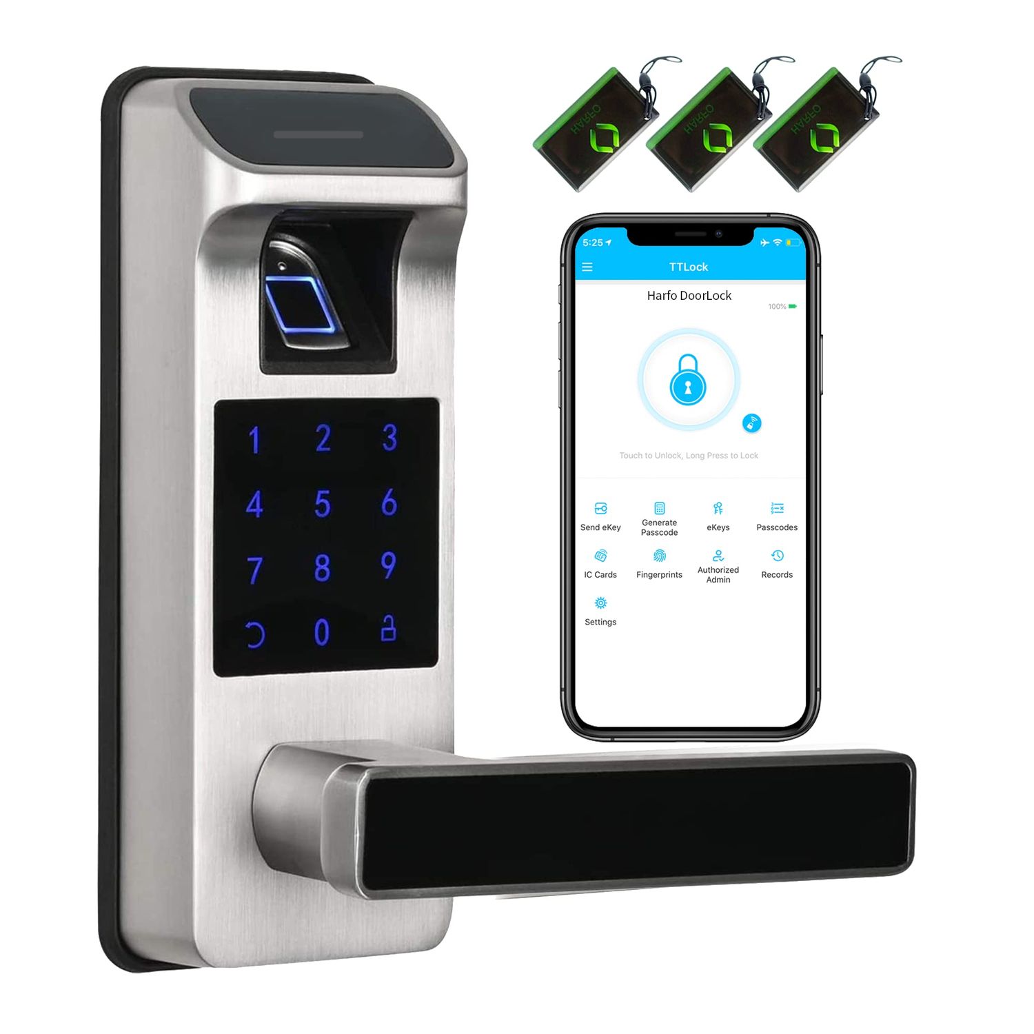 Harfo Smart Door Lock, Heavy Duty 5 in 1 Keyless Entry Full App Control Digital Keypad Reversible Handle with Fingerprints and Pas