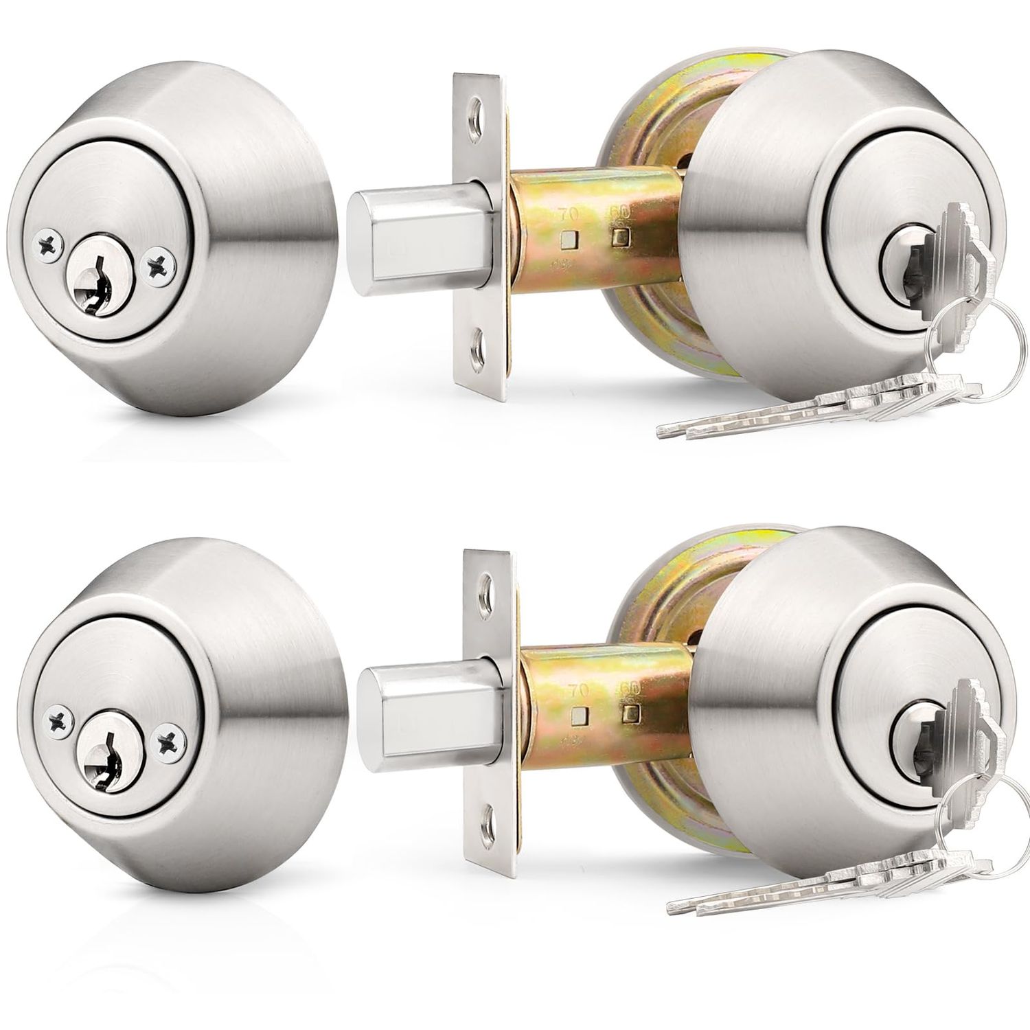 Probrico 2 Pack Satin Brushed Nickel Double Cylinder Deadbolt Lock, Round Keyed Both Side Door Alike