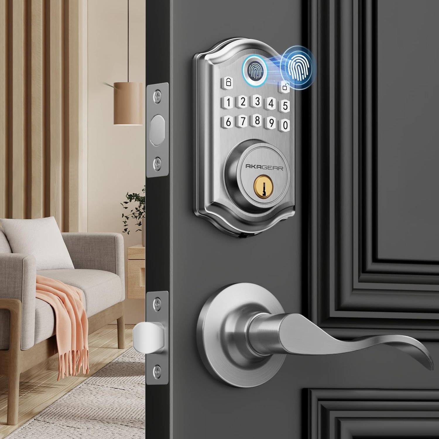 DS10 Keyless Entry Door Lock with Handle - 2 Lever Handles, Fingerprint Lock, Keypad Deadbolt, Keys