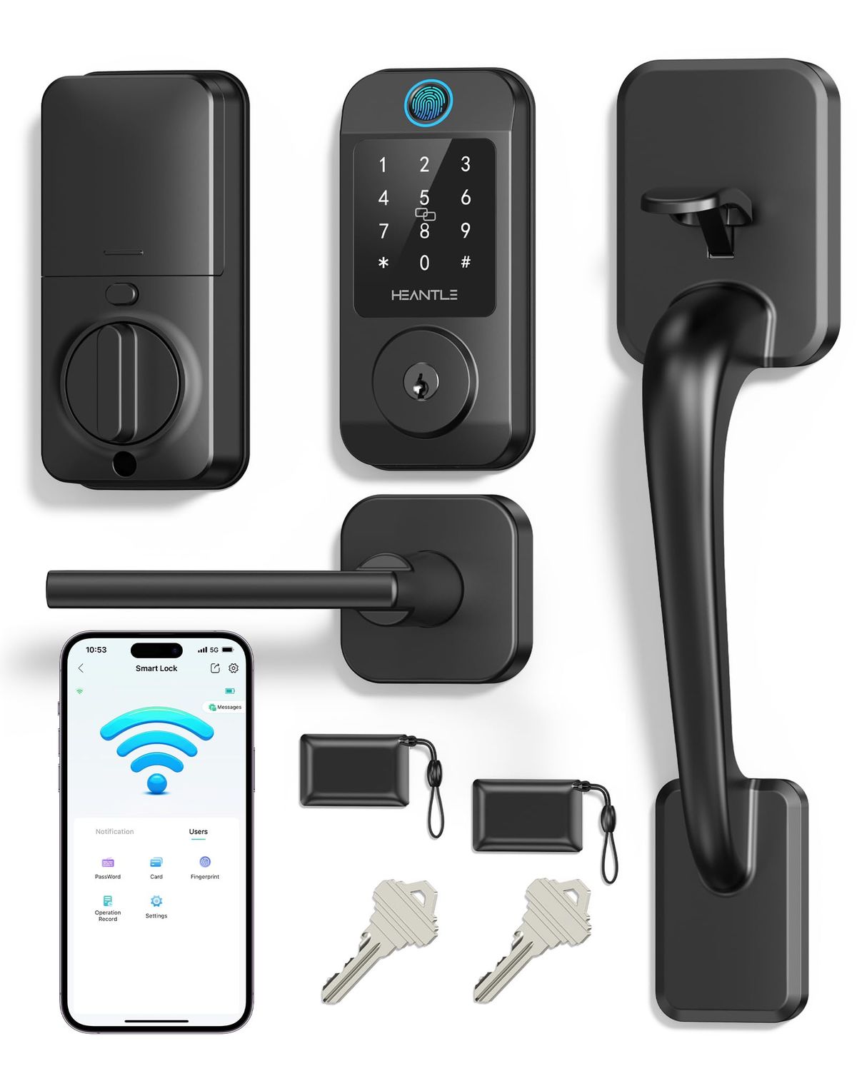 Wi-Fi Front Door Lock Set - HEANTLE Smart Locks for Built-in WiFi Keyless Entry Deadbolt with Handle Fingerprint Electronic De