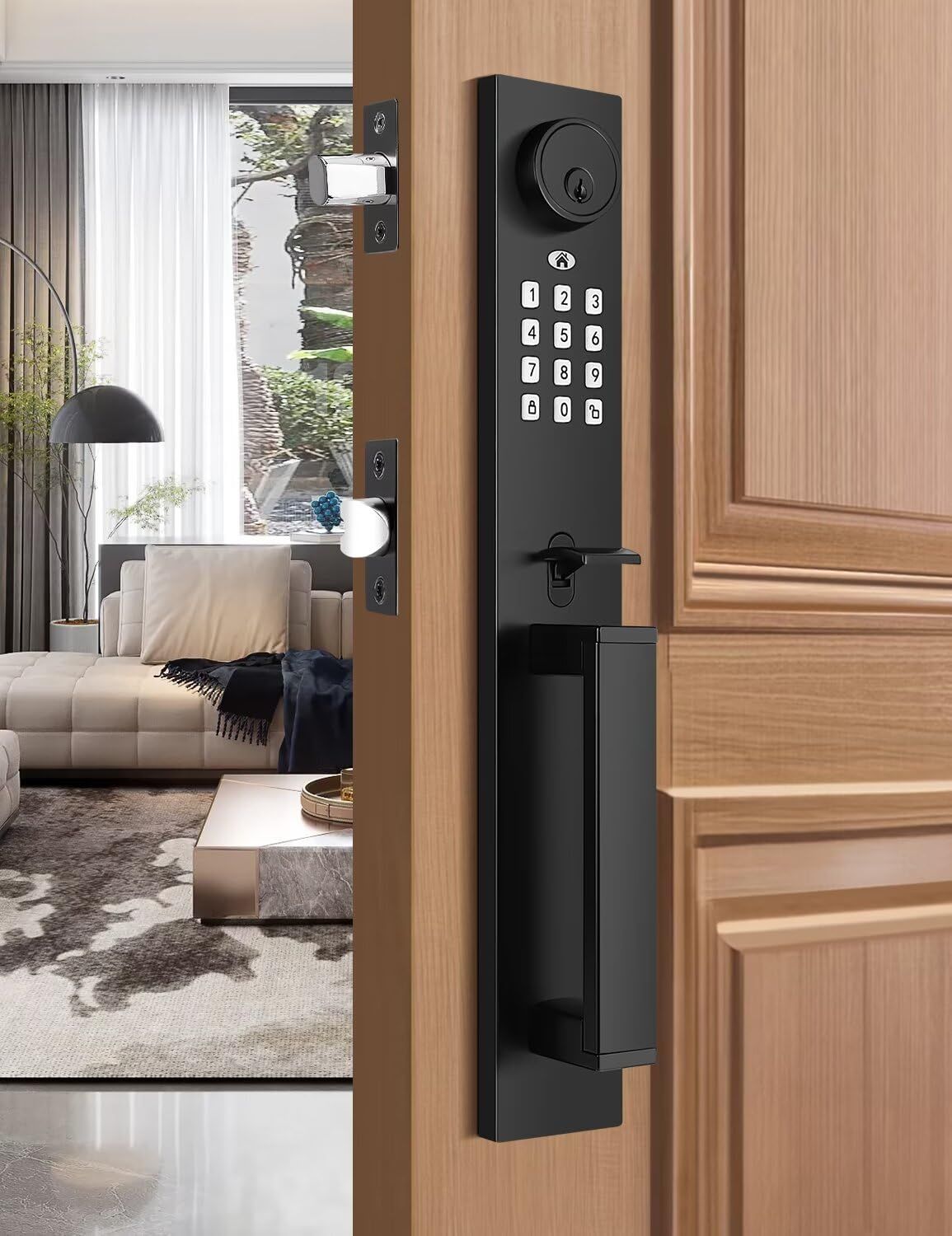 Keyless Entry Door Lock with Lever, Full Escutcheon Smart Handle, Digital Keypad Deadbolt with App, Front Handleset with Single Cylinder