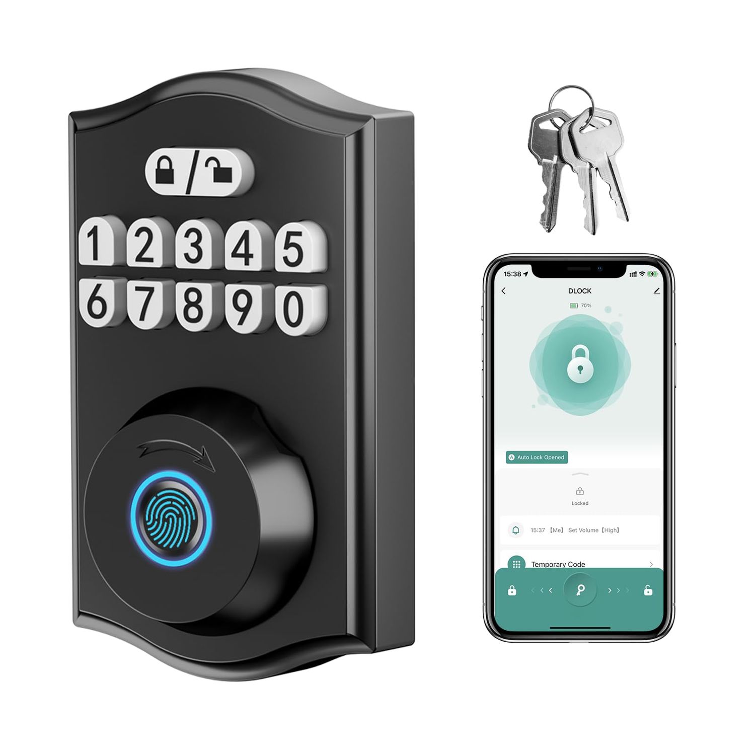 Smart Door Lock - Keyless Entry with Fingerprint/Bluetooth APP Control/Password, Auto Lock, One Time Code, Black