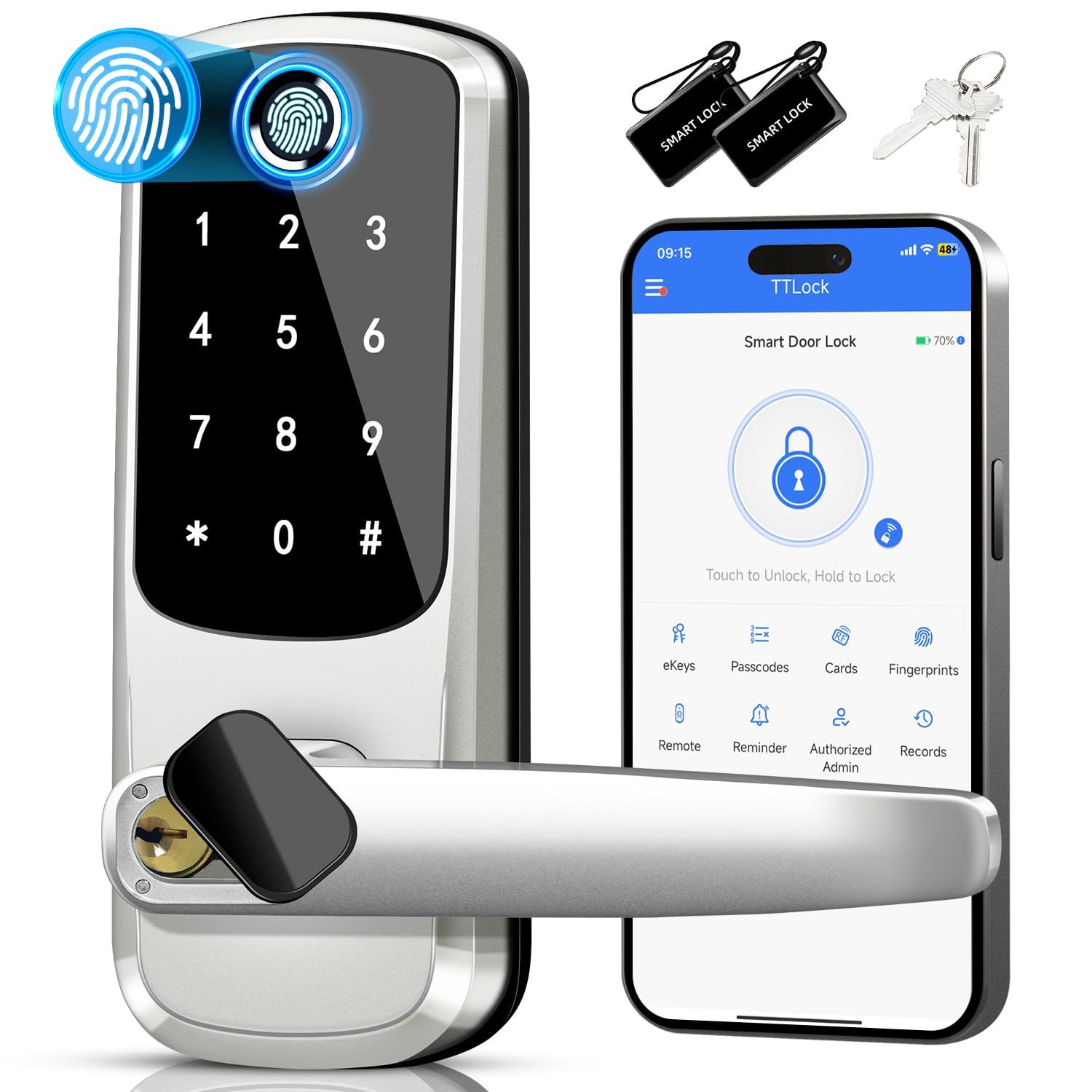 Smart Lock with Handle &amp; Fingerprint – Keyless Entry Deadbolt for Front Door, Bedroom Airbnb Rental App Control, Auto-Lock, Anti-Peep Keypad