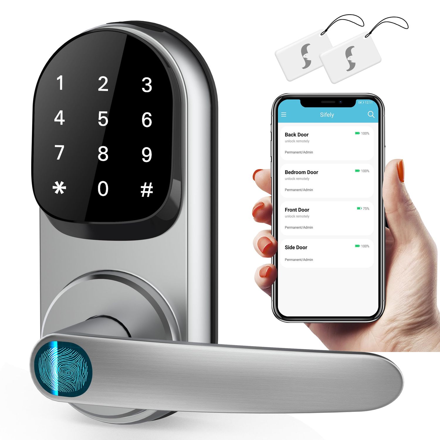 Sifely Keyless Entry Smart Lock - Fingerprint &amp; Keypad Access, Front Door Handle, Silver