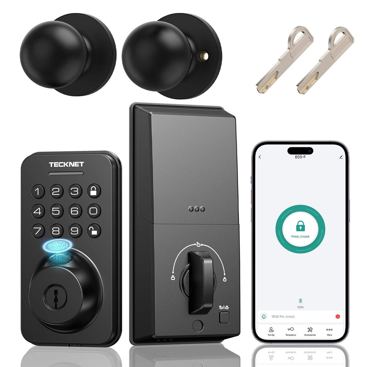 Keyless Entry Door Lock with Handle, Fingerprint Keypad Deadbolt with Handle Set, Smart Locks for Front with App Control, Auto-Lock