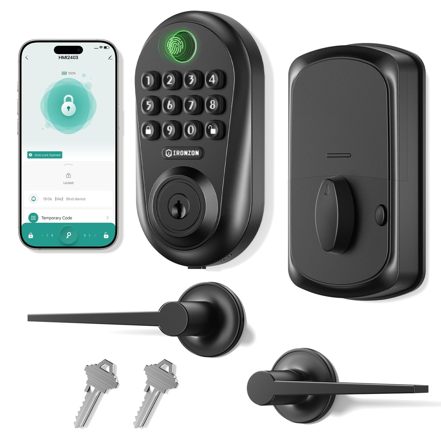 IRONZON Keyless Entry Door Lock Deadbolt with Handles Set Fingerprint Smart with Keypad, Digital Auto-Locking Deadbolt, Electronic