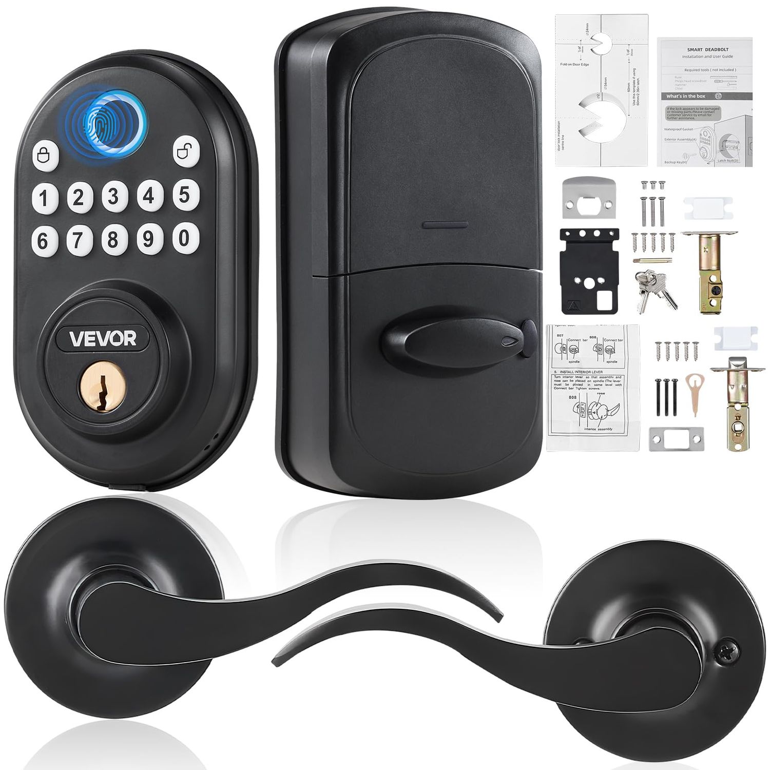VEVOR Fingerprint Door Lock with Level Handles, Fingerprint/Keypad Code/Key, One-Time and Anti-Peeking Password, Constant Unlock Mode