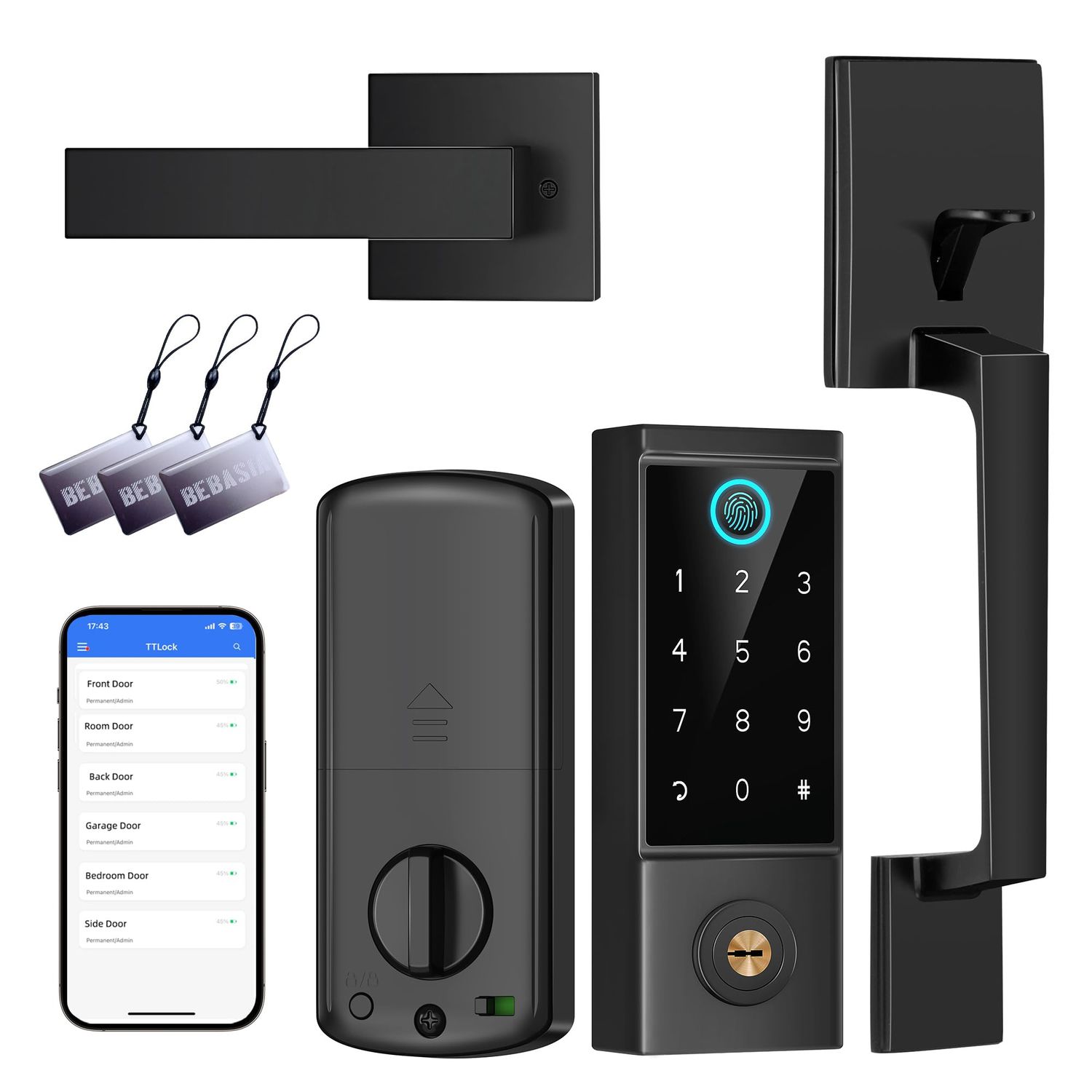BEBASIA Smart Door Lock with Front Handle Set, Heavy Duty Fingerprint Handleset, Keyless Entry Deadbolt for Door, Bluetooth Keypad