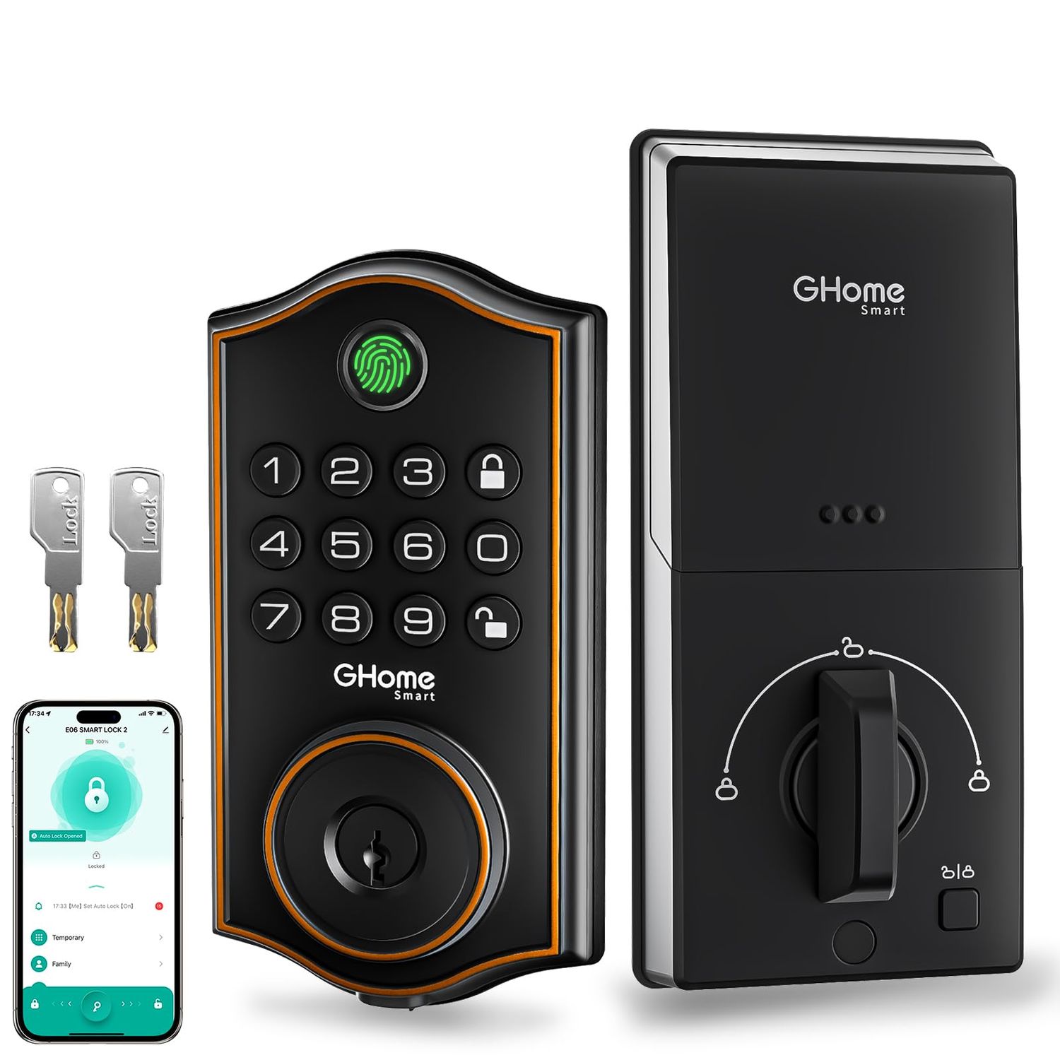 GHome Smart deadbolt Lock, Keyless Entry Door Lock for Front Door, App Remote, Auto