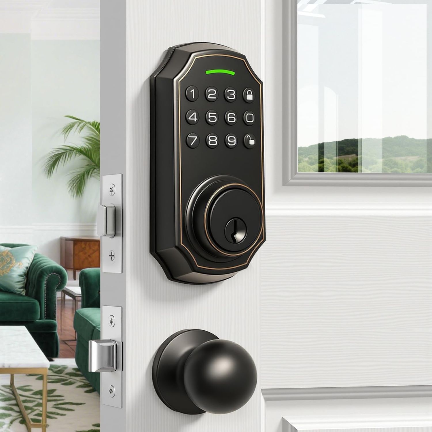 Smart Keyless Entry Door Lock with 2 Knobs, Front Handle Set, Electronic Digital Keypad Deadbolt, Auto
