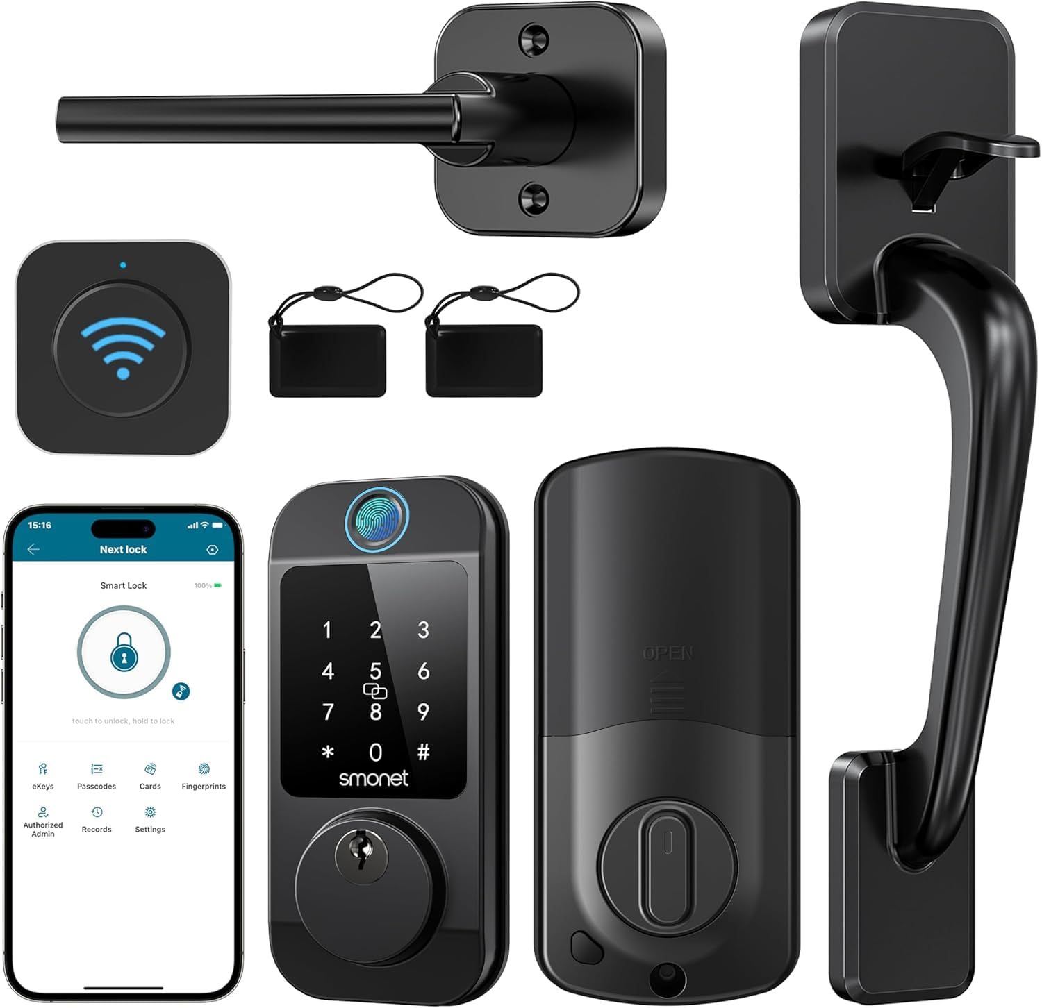 SMONET Smart Front Door Lock Set - Fingerprint Keyless Entry Deadbolt with Handle WiFi Deadbolt, Digital Keypad Auto App R