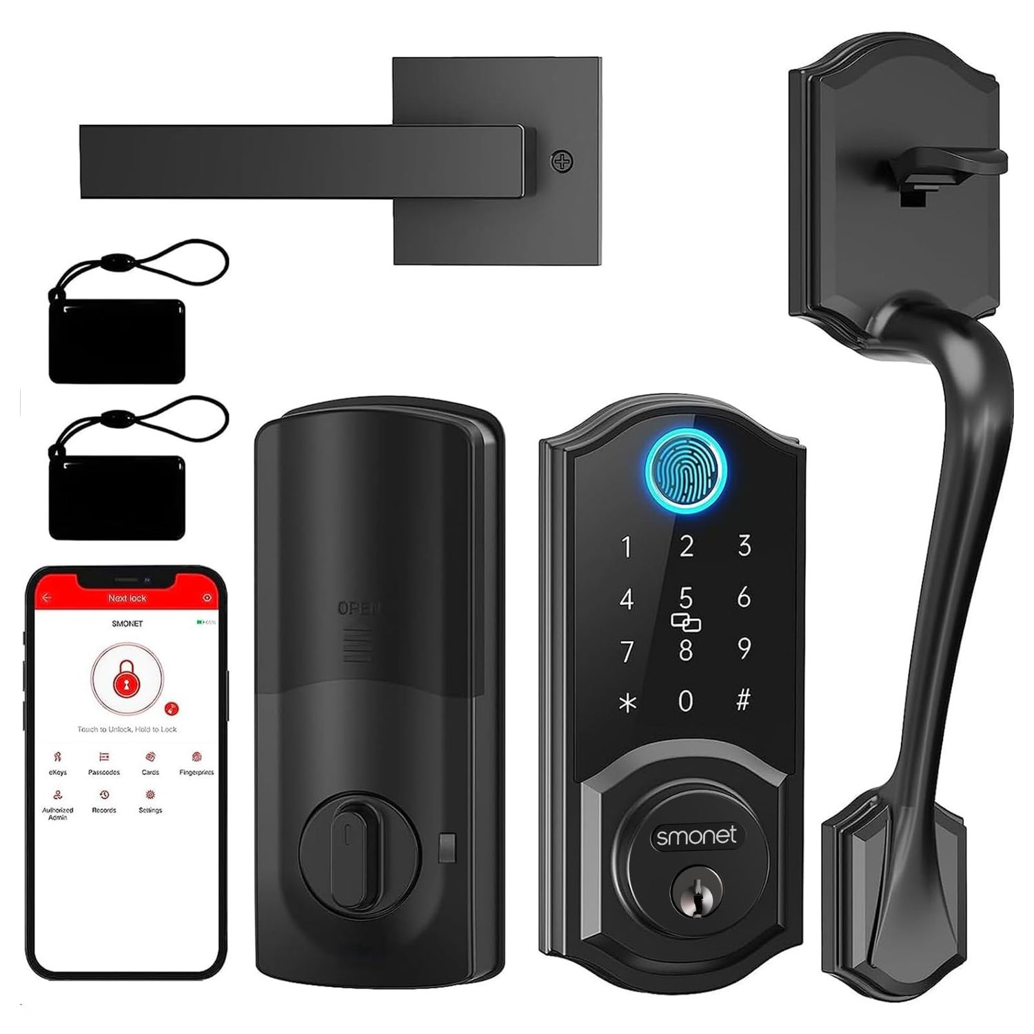 Smart Lock Front Door, SMONET Keyless Entry Door with Handle, Set Fingerprint Deadbolt Bluetooth Electronic Digita