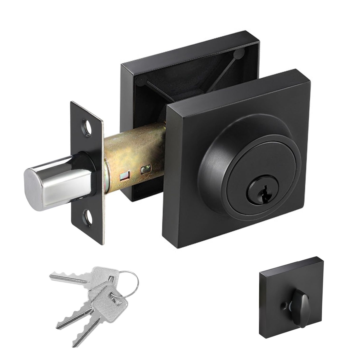 Square Single Cylinder Modern Deadbolt Lock with Keys, Matte Black for Front Door Entrance, Security Lock, Keyed 1 Side