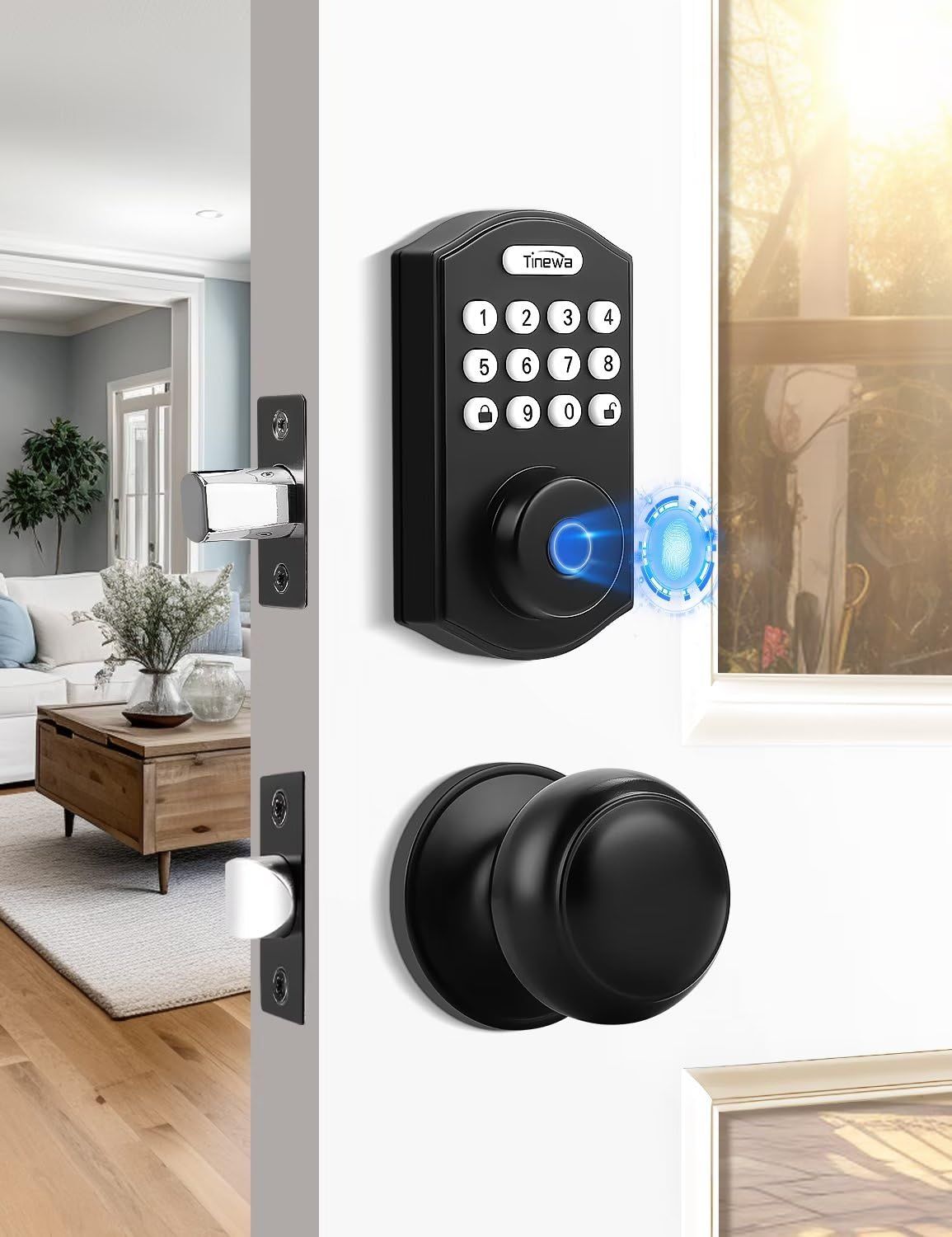 Smart Locks for Front Door -Black Keyless Entry Lock Deadbolt with Flat Ball Knobs, Electronic Digital Keypad with Fingerprint,