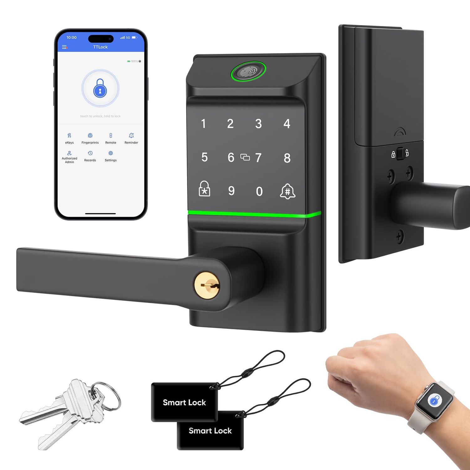 Keypad Smart Door Lock with Handle, Keyless Entry Deadbolt for Front Door, Auto with Phone/Watch App Control, Biometric Fingerp