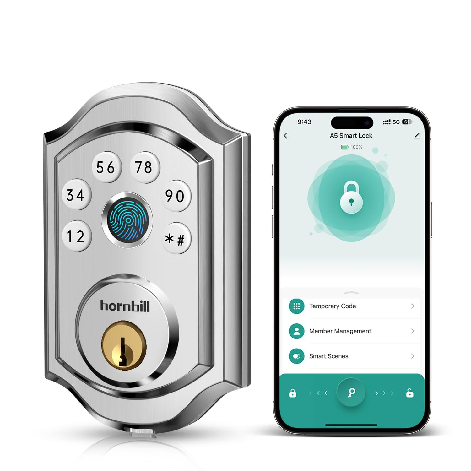 Hornbill Smart Front Door Lock: Silver Fingerprint Electronic Digital Bluetooth Deadbolt Lock with Keypad Code App Alexa Auto for House A
