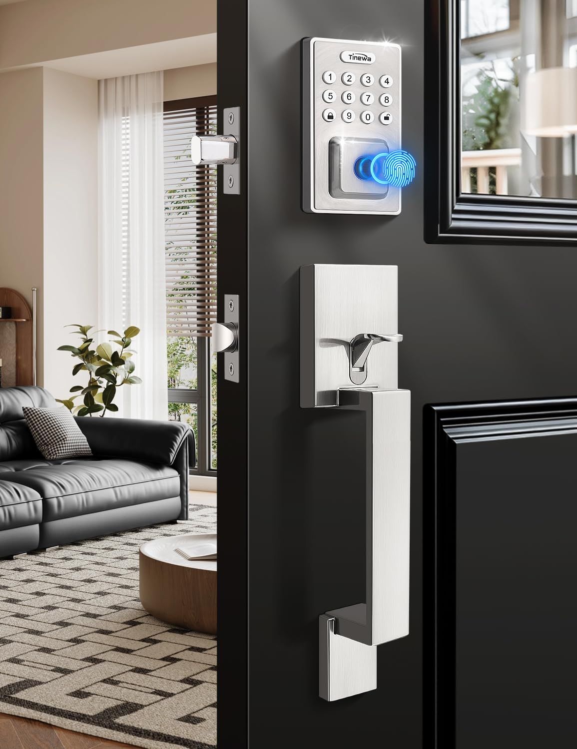 Smart Locks for Front Door - Satin Nickel Keyless Entry Lock with Lever, Electronic Digital Keypad Deadbolt with Fingerprint, APP Control, Eas