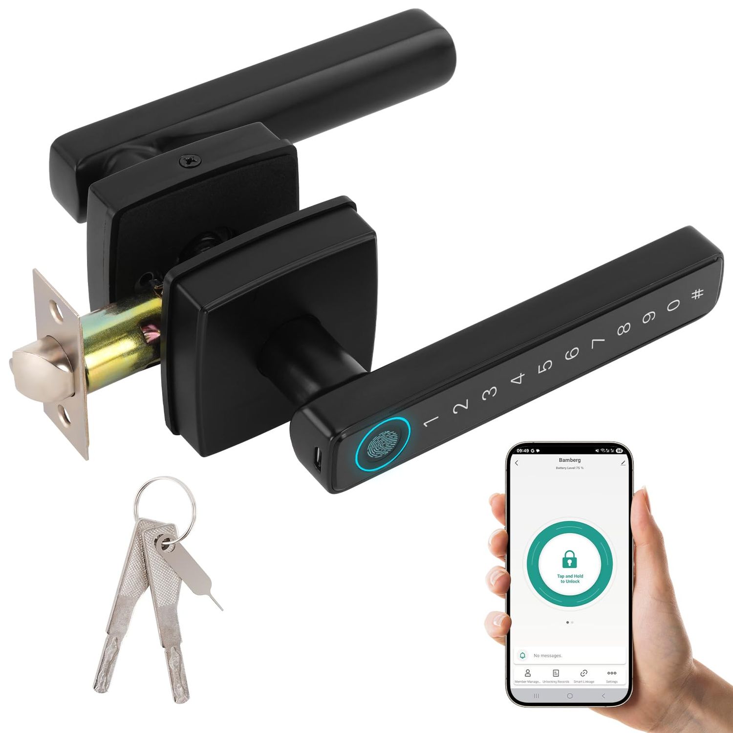 Bamberg N1 Smart Door Knob, 4-in-1 Keyless Entry with Fingerprint, Tuya APP, Keypad Code &amp; Key | Biometric Fingerprint Lock for Privacy on Bedroom