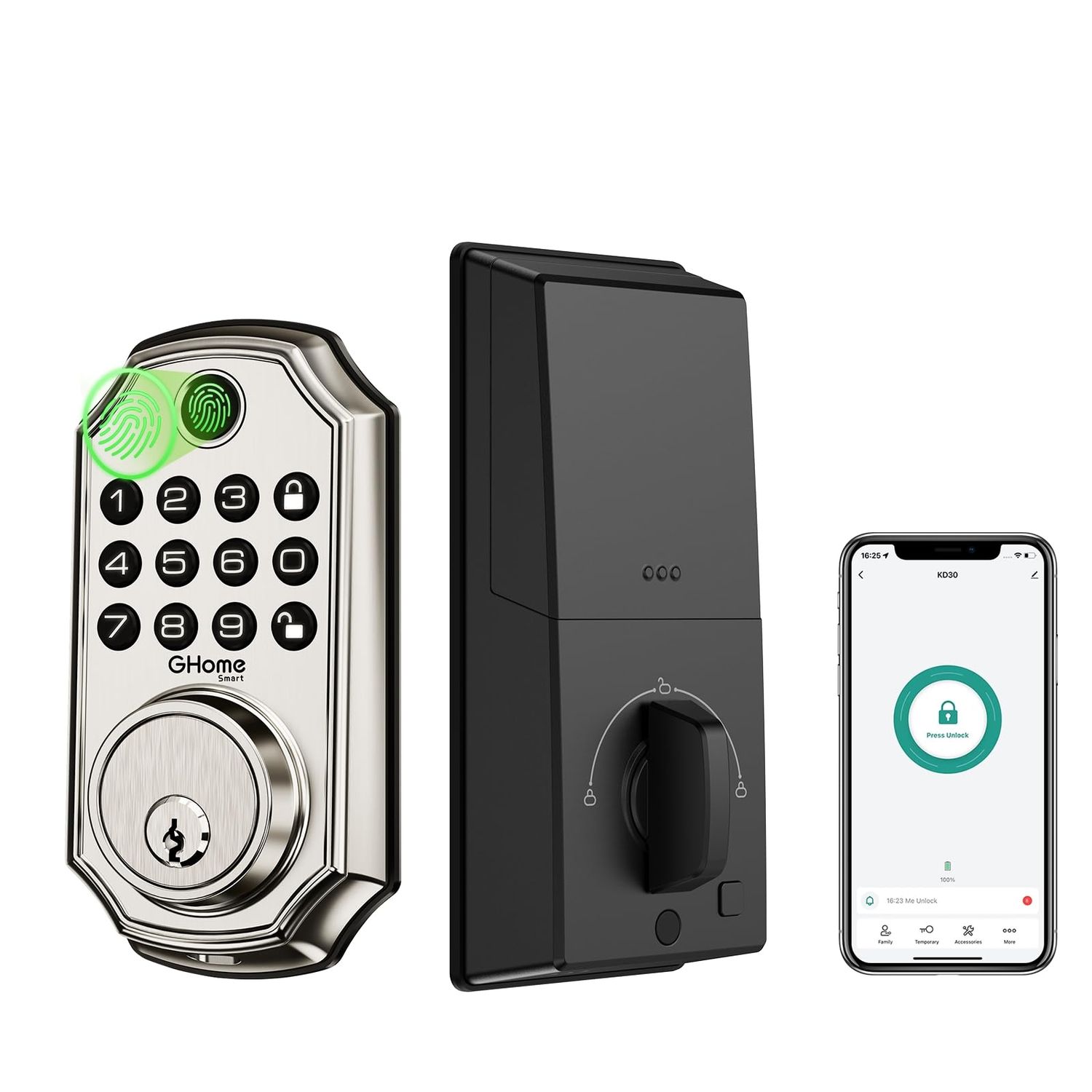 GHome Smart Door Lock KD30, Fingerprint Deadbolt for Front Door, 5 in 1 Keyless Entry Lock, App Control
