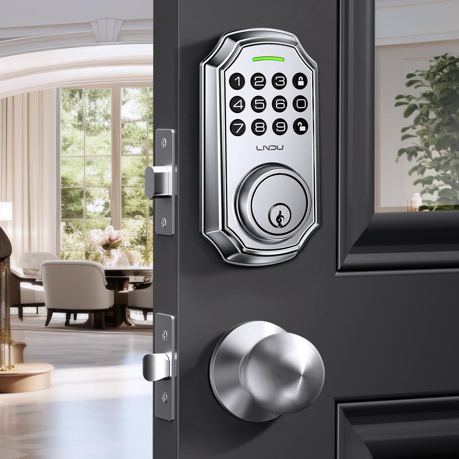 Keyless Entry Door Lock Deadbolt with Handle Set: Code Front, Keypad with Handle, Electronic with 2 Knob, One Touch