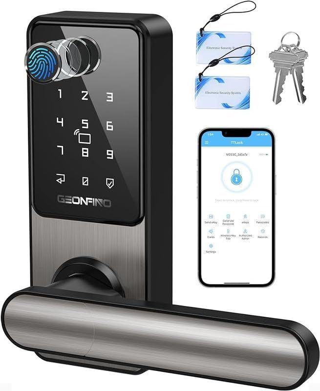 GEONFINO Smart Door Lock Keyless Entry with Handle, Black Fingerprint Lock, Deadbolt for Home, Apartment
