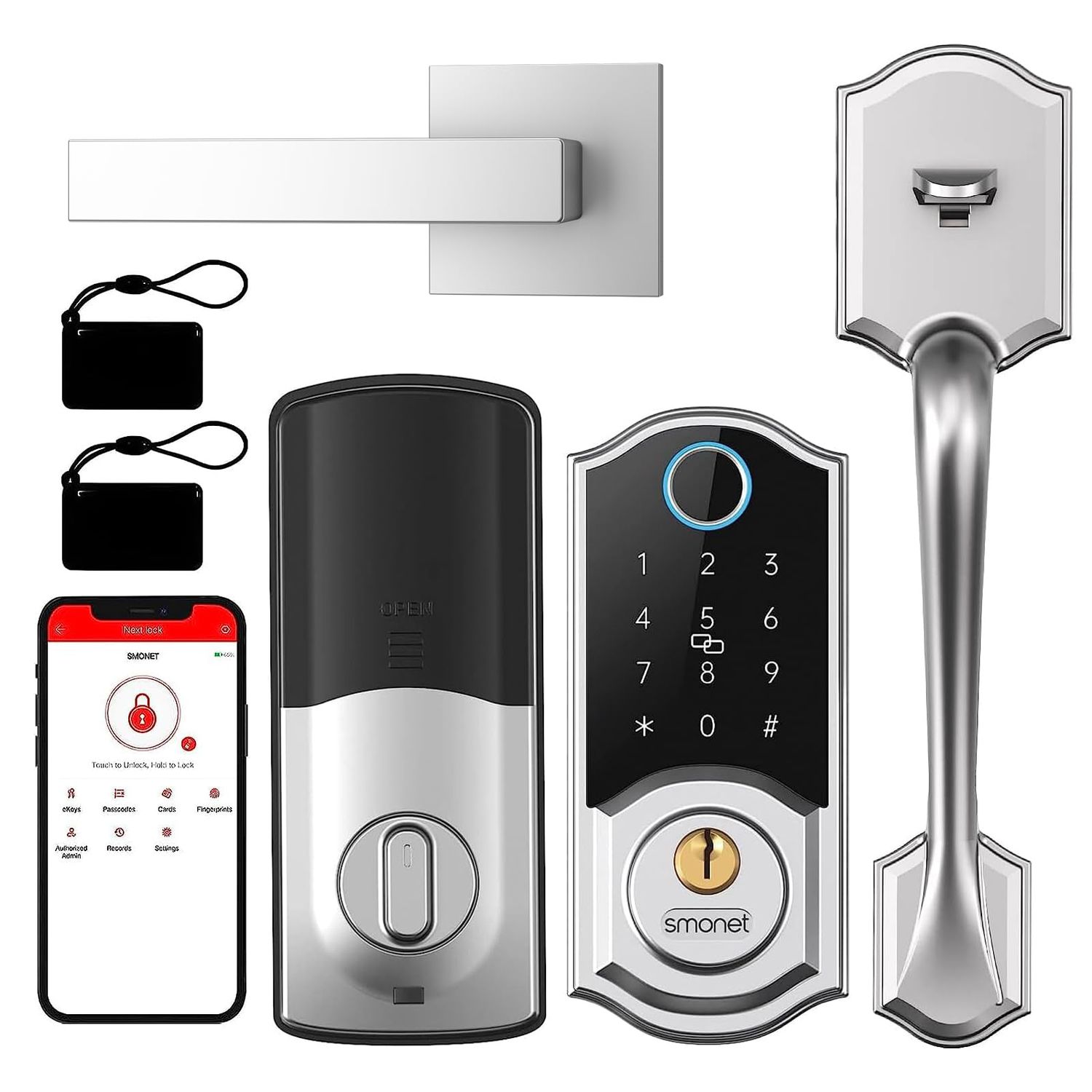 Smart Front Door Lock Set: SMONET Keyless Entry with Handle, Handle Set Fingerprint Deadbolt Bluetooth Electronic Digital Key