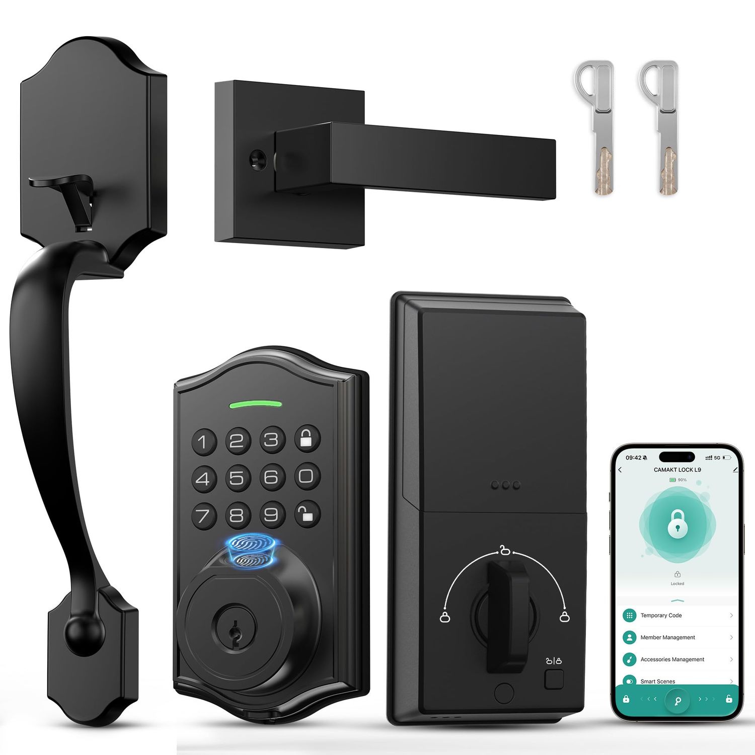 Keyless Entry Door Lock with Handle, Fingerprint Smart Front Set, APP Control, Electronic Keypad Deadbolt with Lever Handle