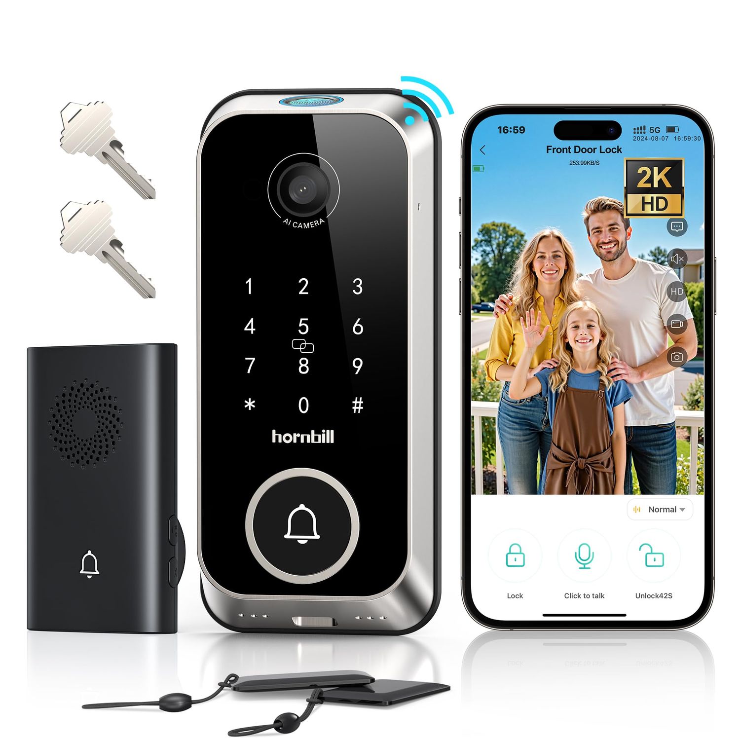 Hornbill Video Smart Lock with Camera: 10-in-1 Ring+2K Camera+Doorbell+Fingerprint Keyless Entry Door Lock, Built-in WiFi Deadbolt(only 2.4G), Two-