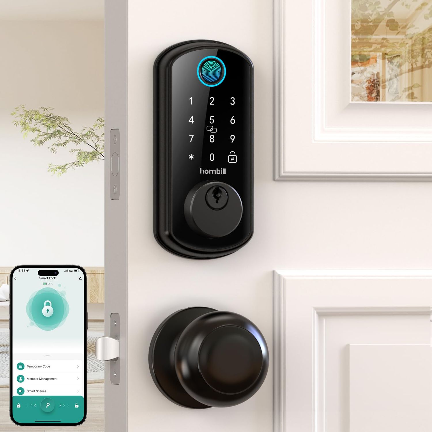 WiFi Smart Door Lock Set: Hornbill Keyless Entry Deadbolt with Handle Set Fingerprint Front with 2 Knobs Alexa Bluetooth Remote