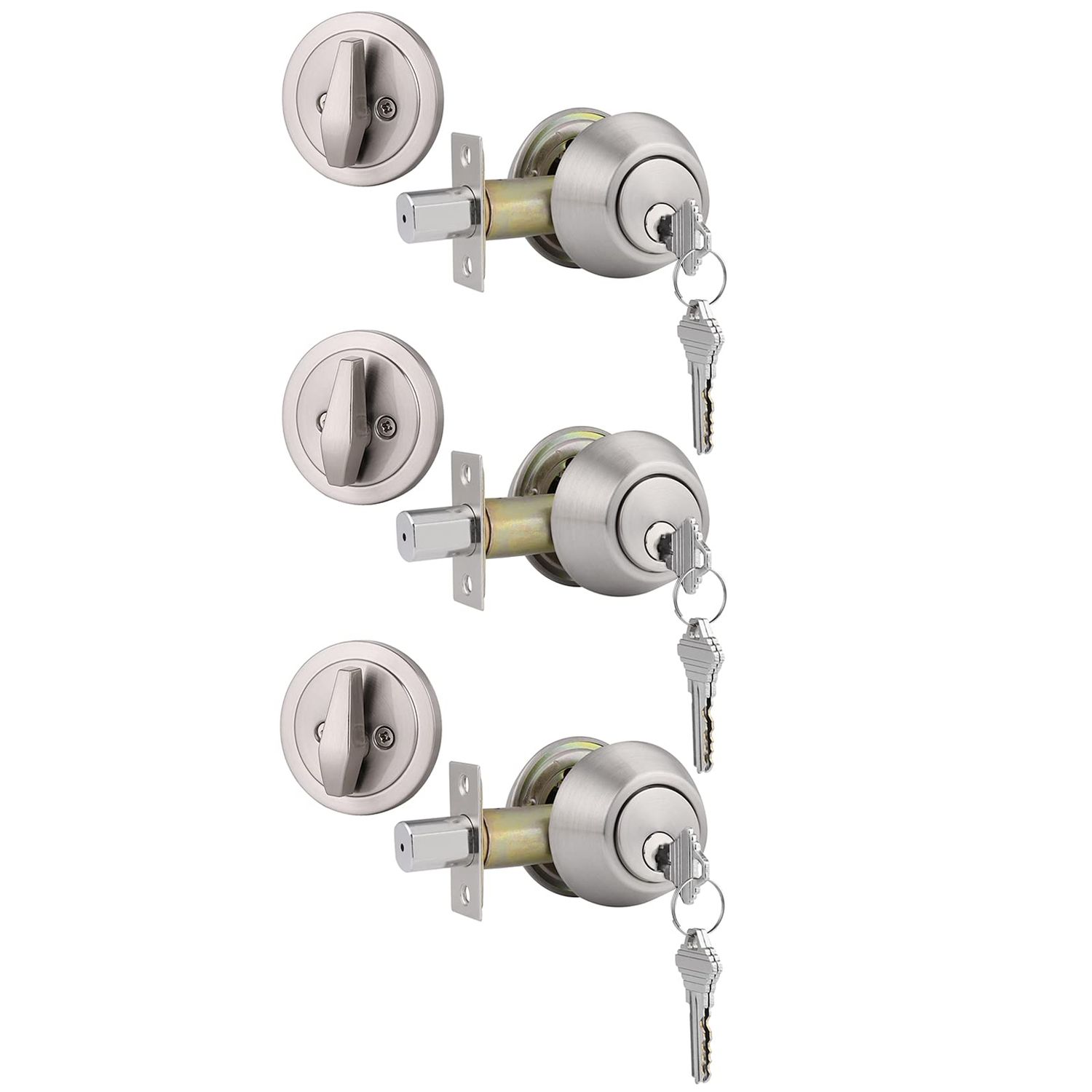 Gobrico 3 Satin Nickel Keyed Alike Single Deadbolts Door Locks with Same Key, Entry Front Round Cylinder Deadbolt Locksets, Thumb-Turn B