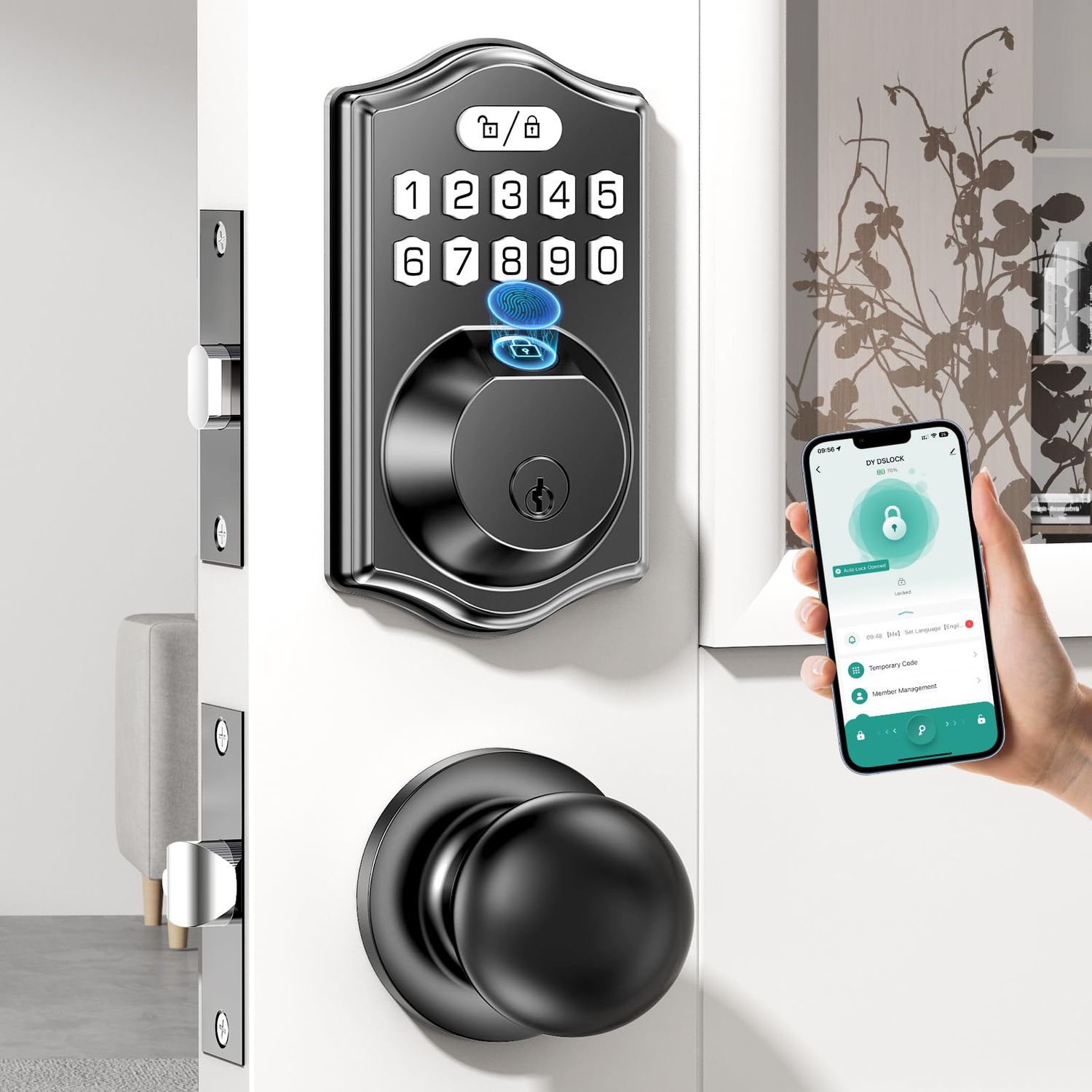 Smart Front Door Lock Set: Keyless Entry Fingerprint Keypad &amp; Deadbolt with App Control/Password/Digital/Key/Auto-Lock Easy Self-Install for Fami