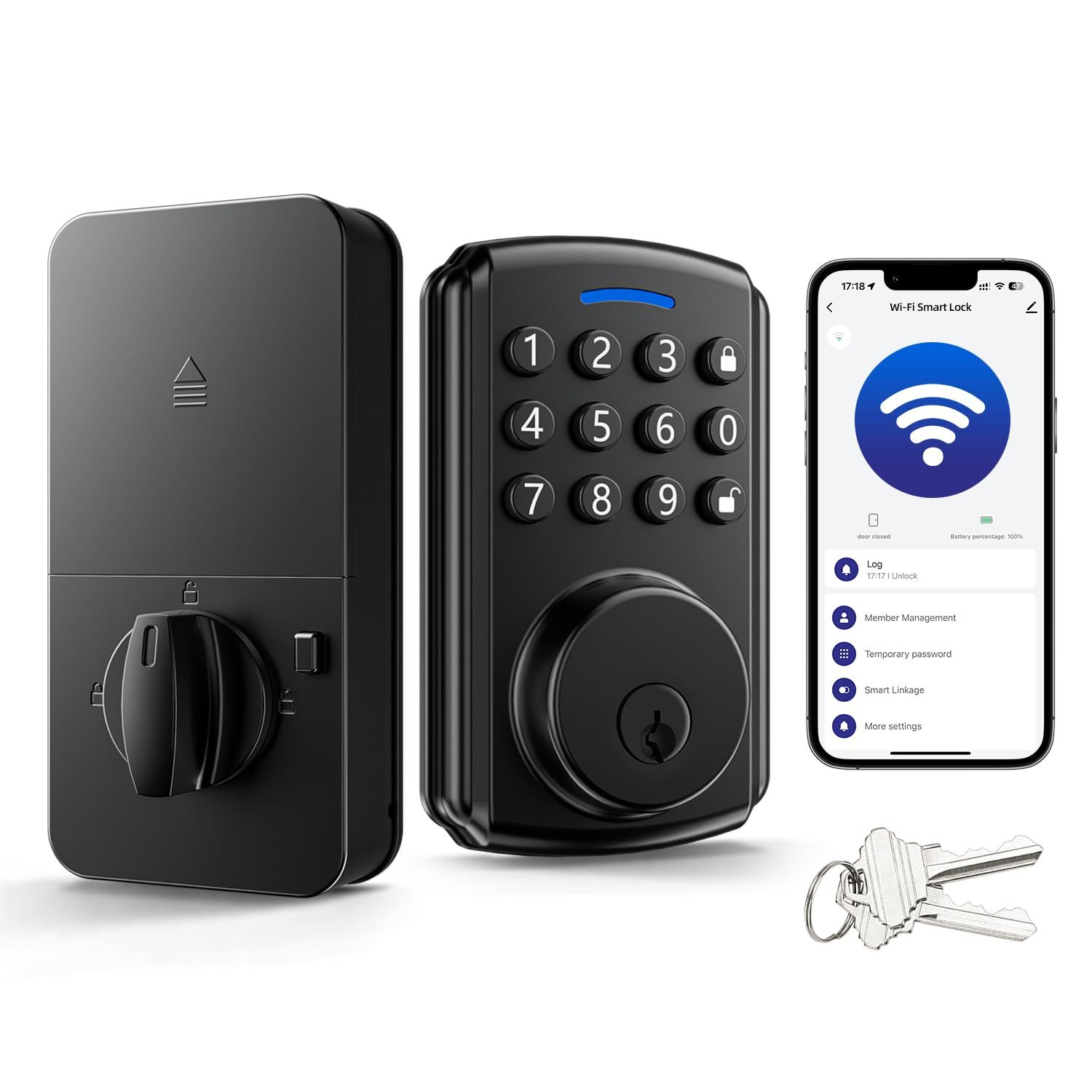 Deadbolt Smart Lock for Front Door, Relihom Keyless Entry Door Lock, Bulit-in Wi-Fi with App Remote Control, No Bridge Required