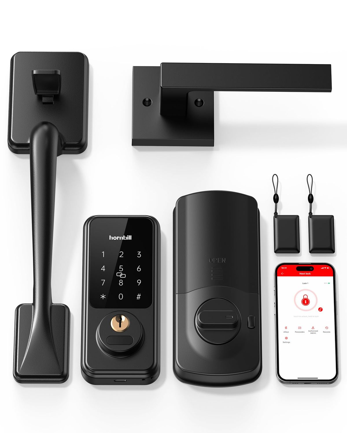 Smart Keyless Entry Door Lock with Handle, Hornbill Front Set, Keypad Code Deadbolt with Lever, Digital Touchscreen via Alexa/Bluetooth/K